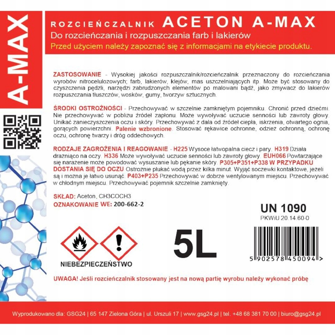 Aceton rozpuszczalnik zmywacz A-MAX 5L Pojemność opakowania 5000 ml