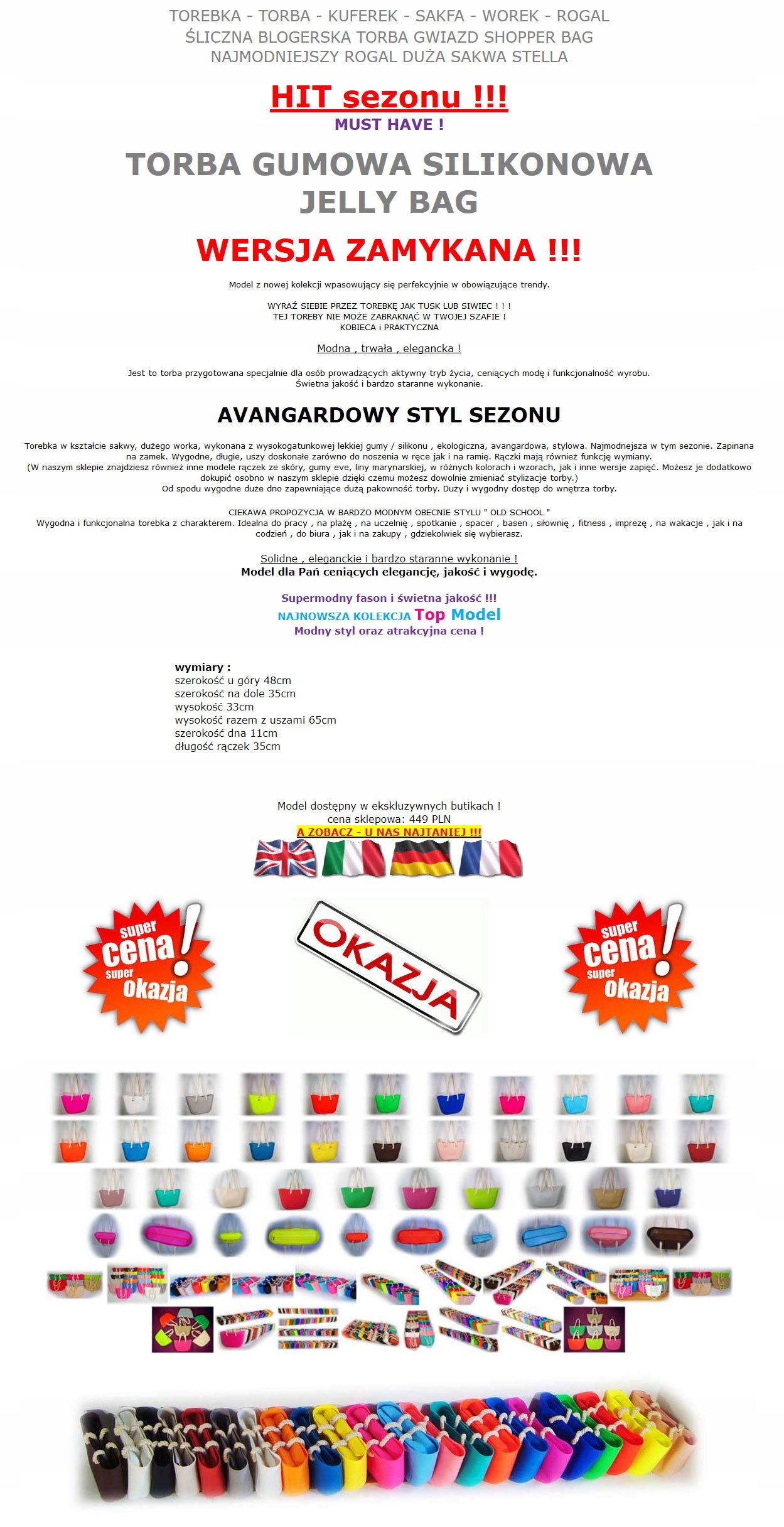 O TORBA GUMOWA TOREBKA HOBO JELLY SHOPPER BAG TGLA Marka bez marki