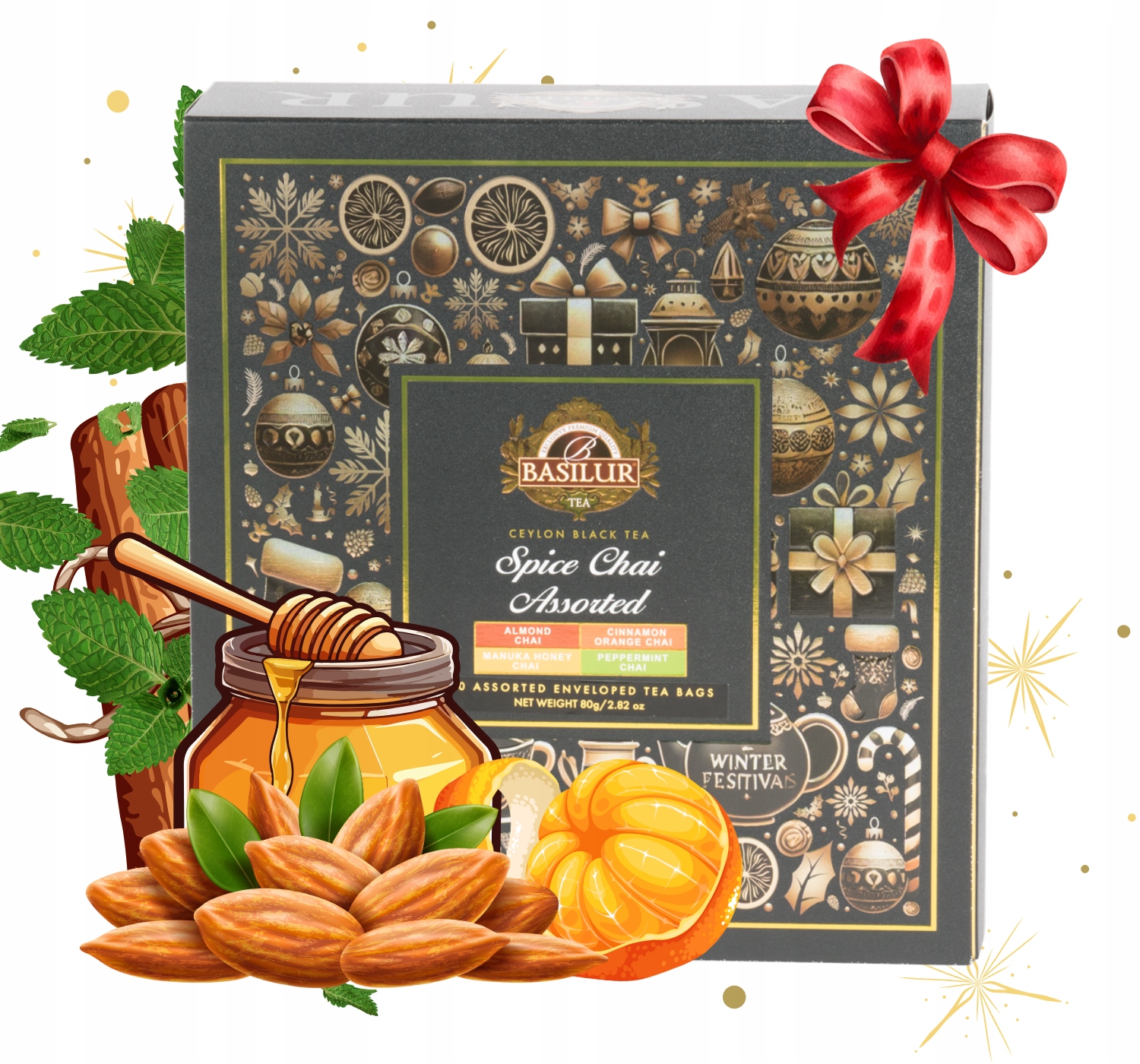 Levně Basilur Vánoční Box černý čaj Sada 4 příchutí 40 ks v Obálkách