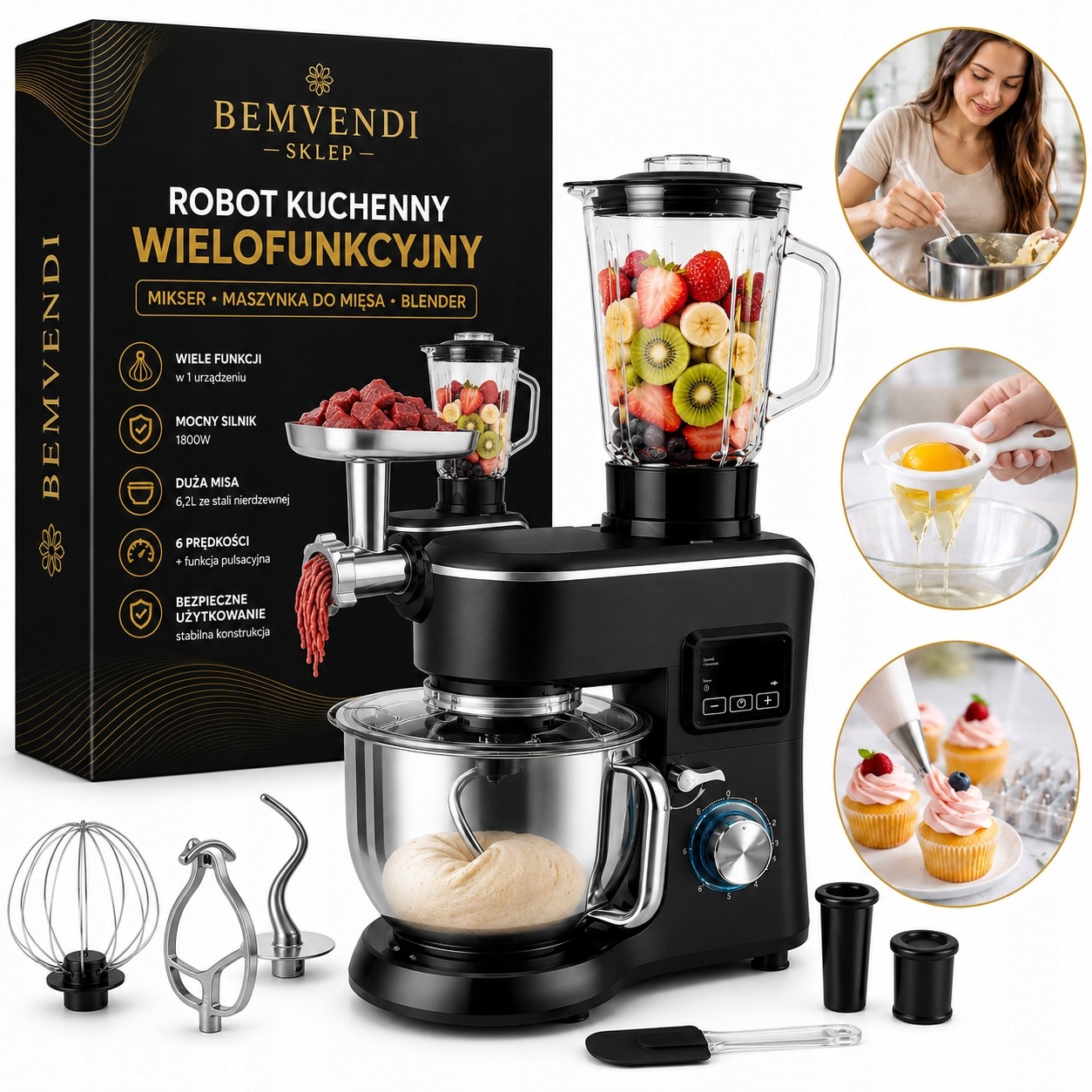 Robot Planetarny Kuchenny Podgrzewana Misa 6,2L Blender Maszynka Mocny 14w1