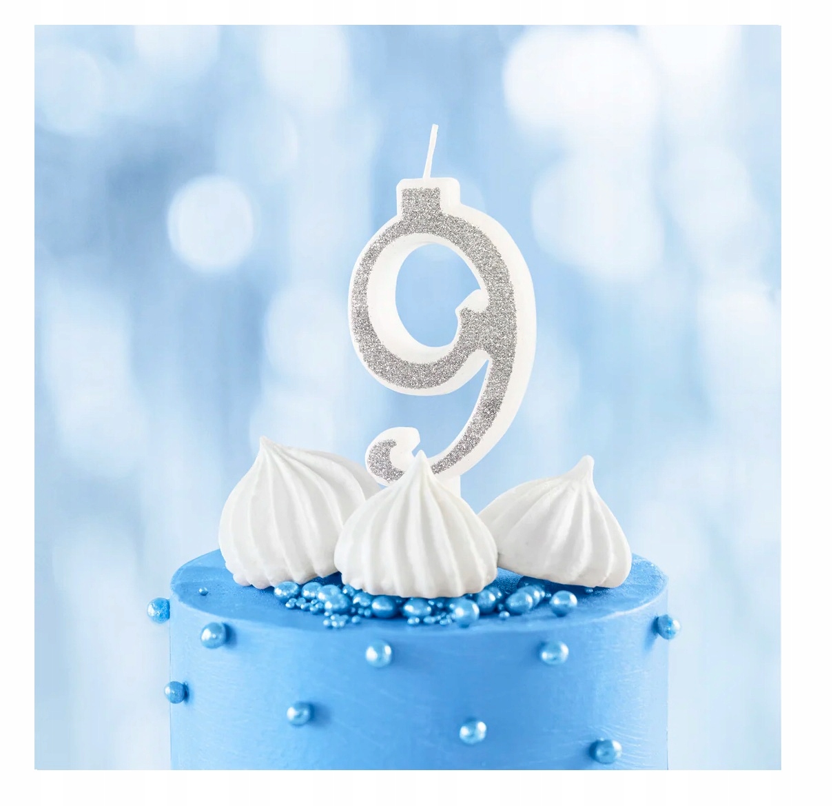 ŚWIECZKA URODZINOWA CYFRA 9 SREBRNA BROKAT TORT Urodziny Rocznica Jubileusz Stan opakowania oryginalne