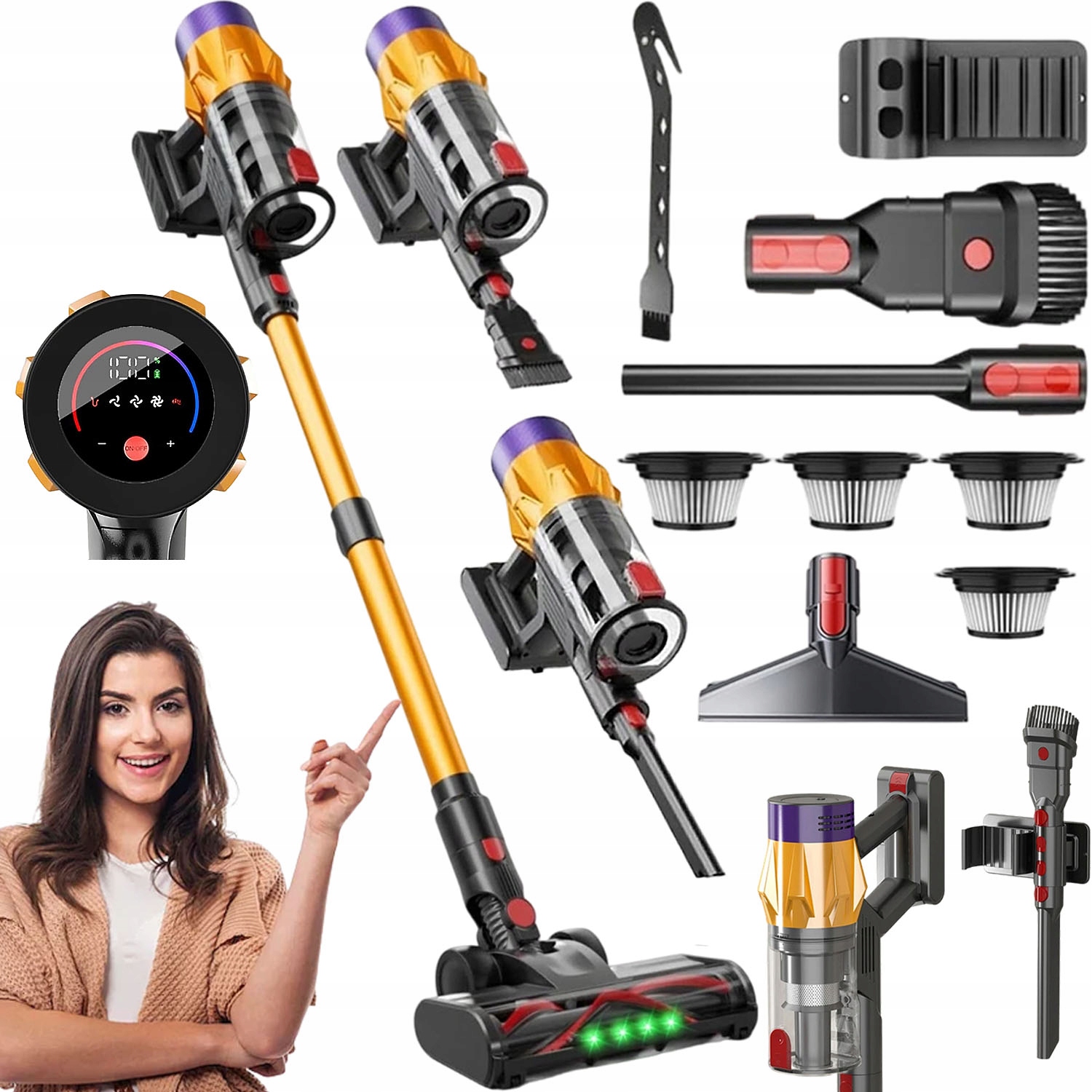 Odkurzacz Ręczny Bezszczotkowy 550 W Zestaw 3 Poziomy Led 4 Filtry Hepa