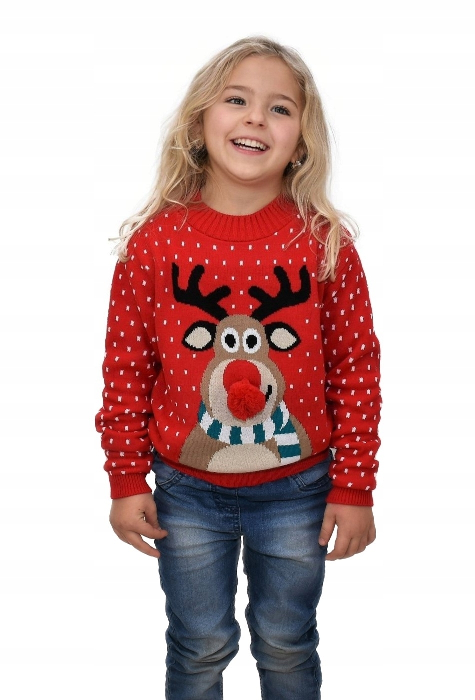SWETER ŚWIĄTECZNY DZIECKO CZERWONY RENIFER NOS 7/8 Wiek dziecka 7 lat +