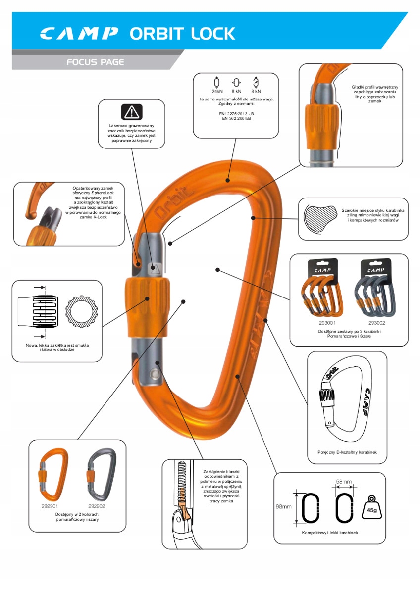 Orbit LOCK 3 PACK karabinki pomarańczowe Marka Camp