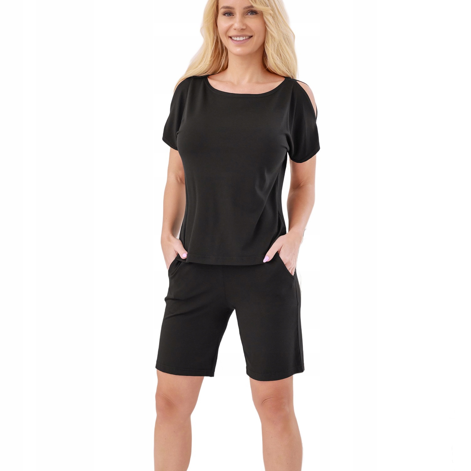 Komplet Sami 2XL XXL Czarny Piżama Wiskoza Szorty Kokardka Kieszeń Komfort