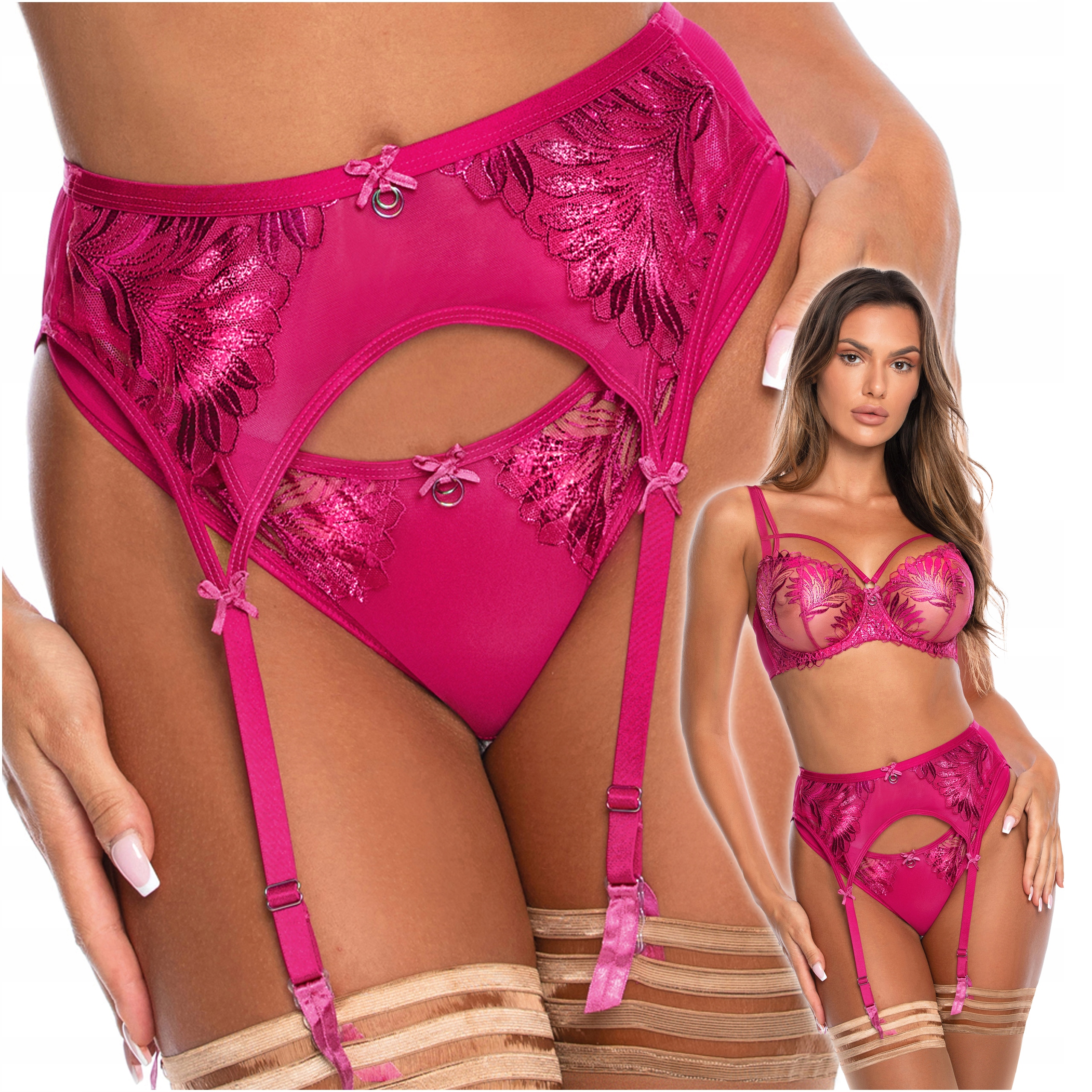 Podvazkový Pás Růžový S Axami V-10252 Fuchsiová Lesklá Krajka