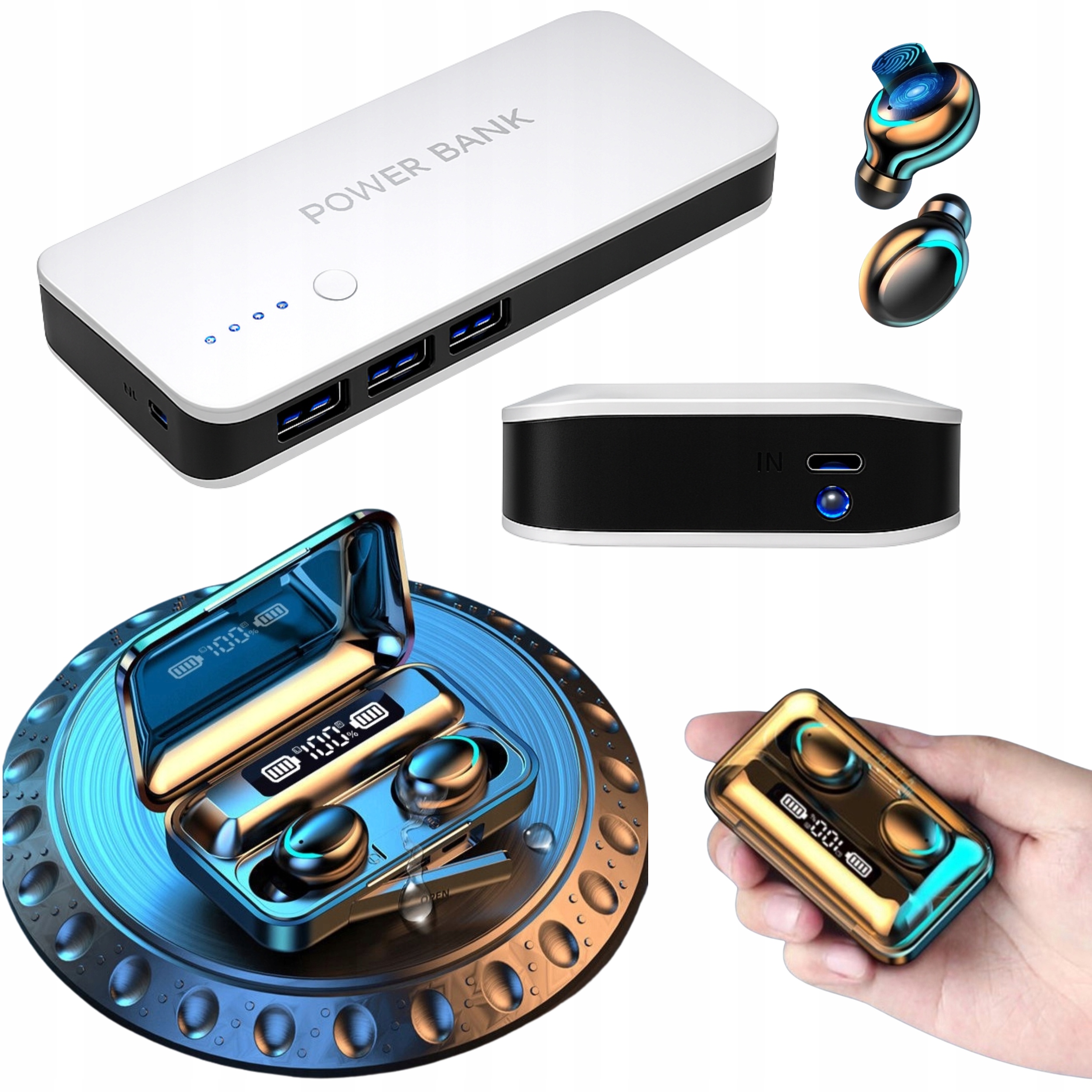 Powerbanka 50000 mAh PowerBank Displej 3xUSB Svítilna Barvy Sluchátka