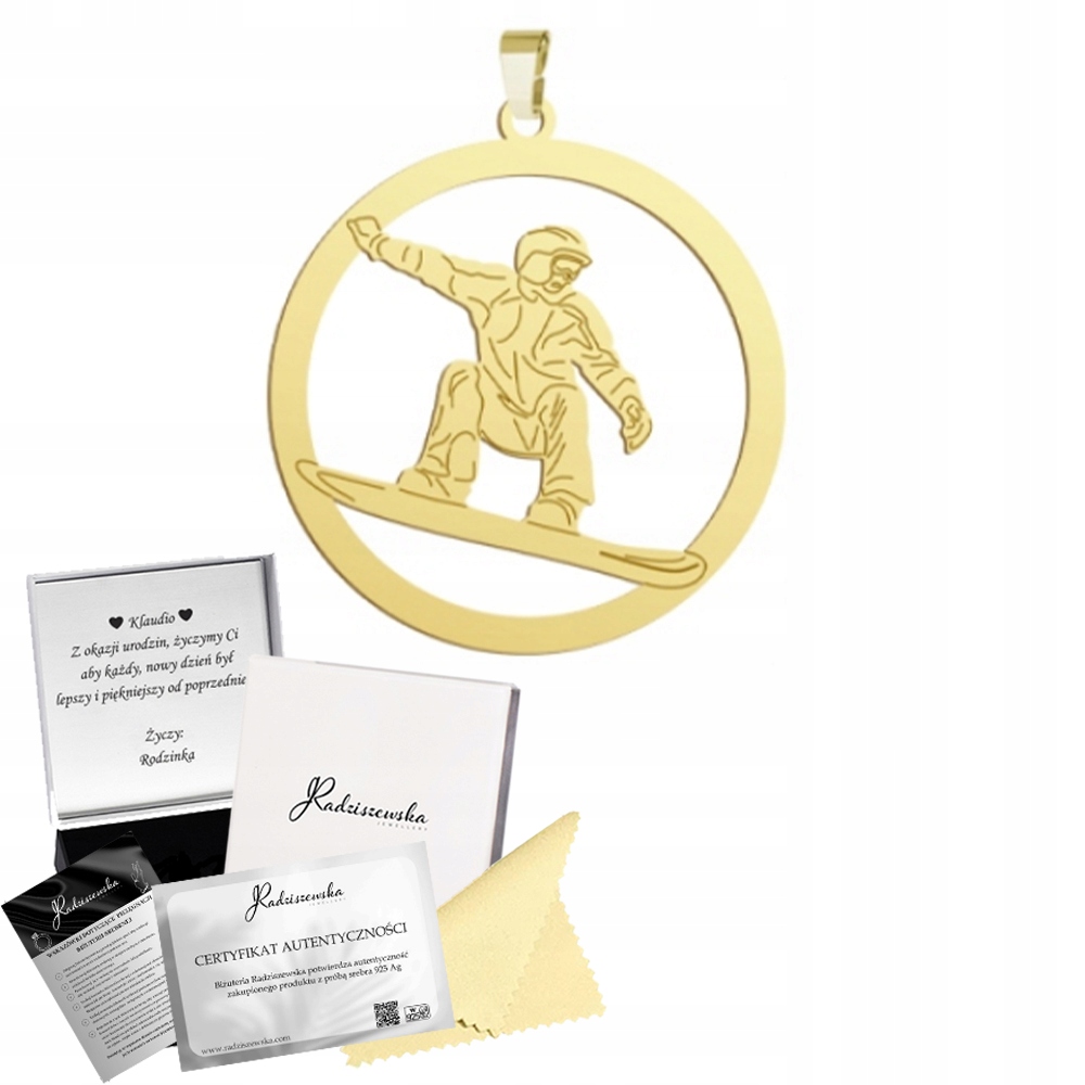Zlatý Přívěsek Snowboarding Přívěsek Stříbro 925 Dárek Gravírování Bonus