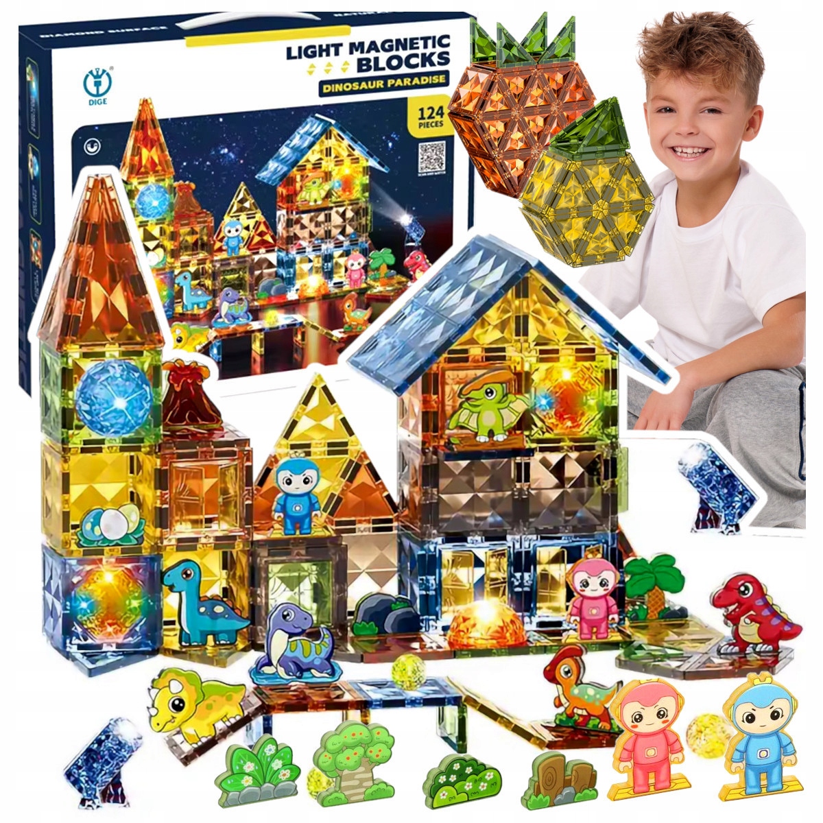 ZESTAW MAGNETYCZNY KLOCKI KONSTRUKCYJNE DLA DZIECI ŚWIECĄCE 126 elementów