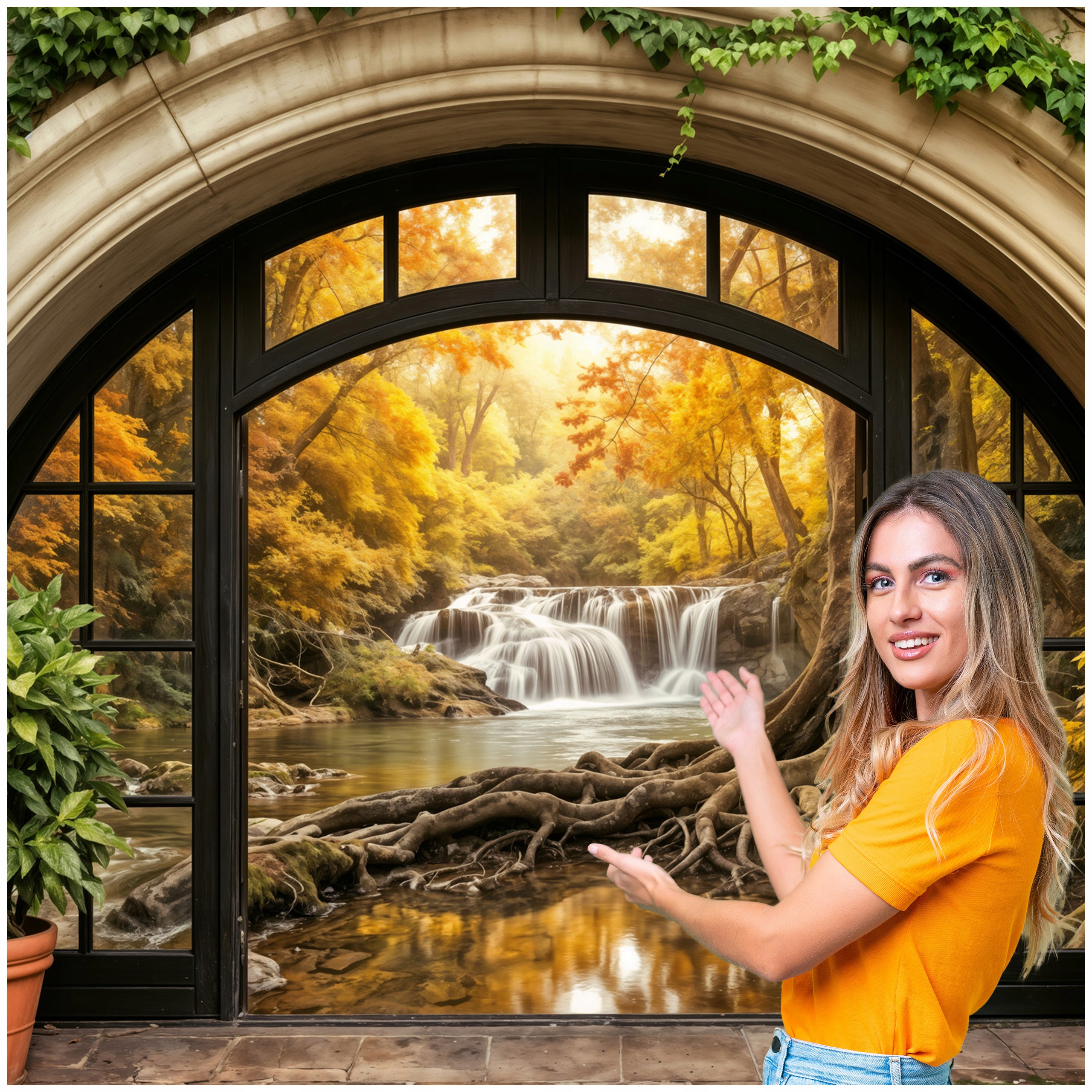 Fototapeta 3D Tunel Chodba Krajina Za oknem Vodopád 588x280 TUN43F