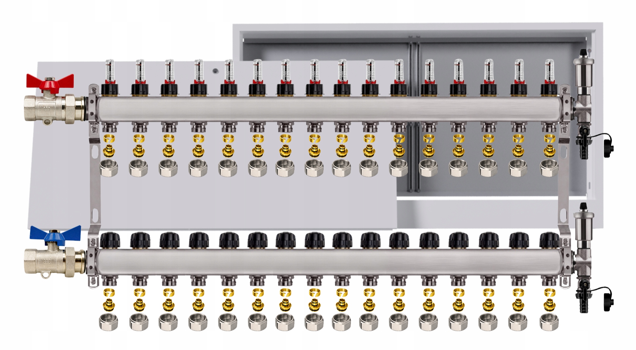 Nerezový rozdělovač pro podlahu 16 okruhů nástěnná skříňka Pex