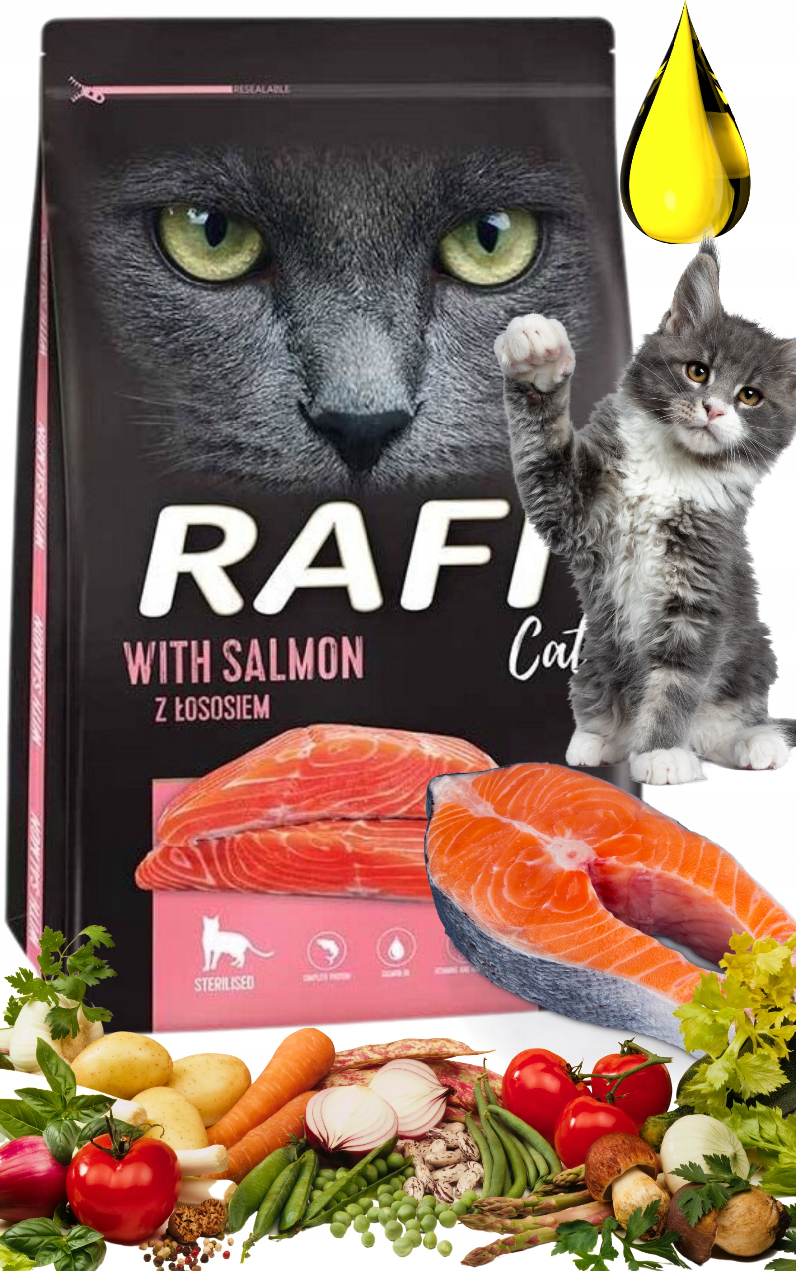 Levně Rafi Cat Sterilised Krmivo Suché Pro Kočky – Losos 7 Kg Plnohodnotné