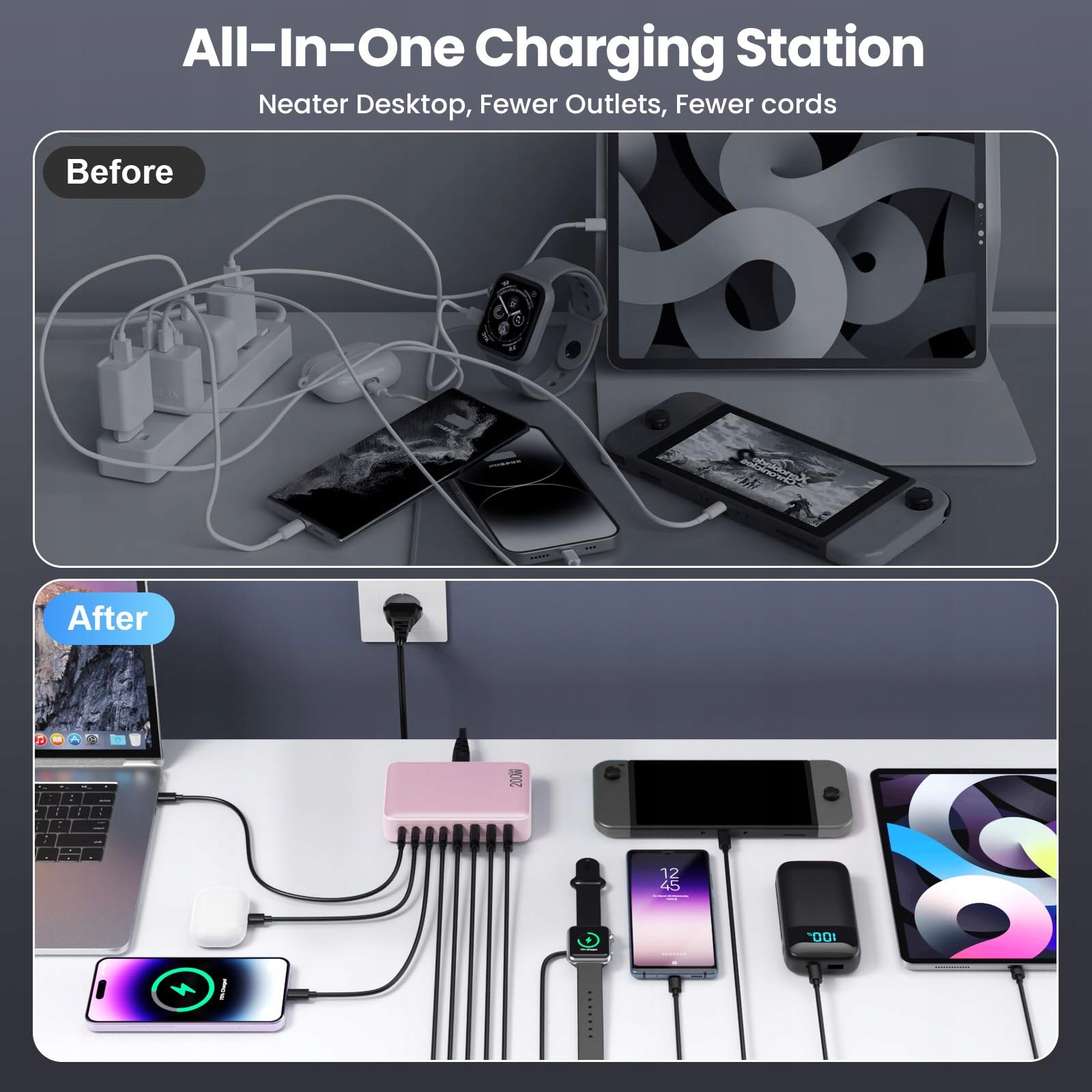 Feob TECHPOWER Ładowarka USB C 200W GaN III 8-Port Szybkie Ładowanie Różowa — miniatura 5