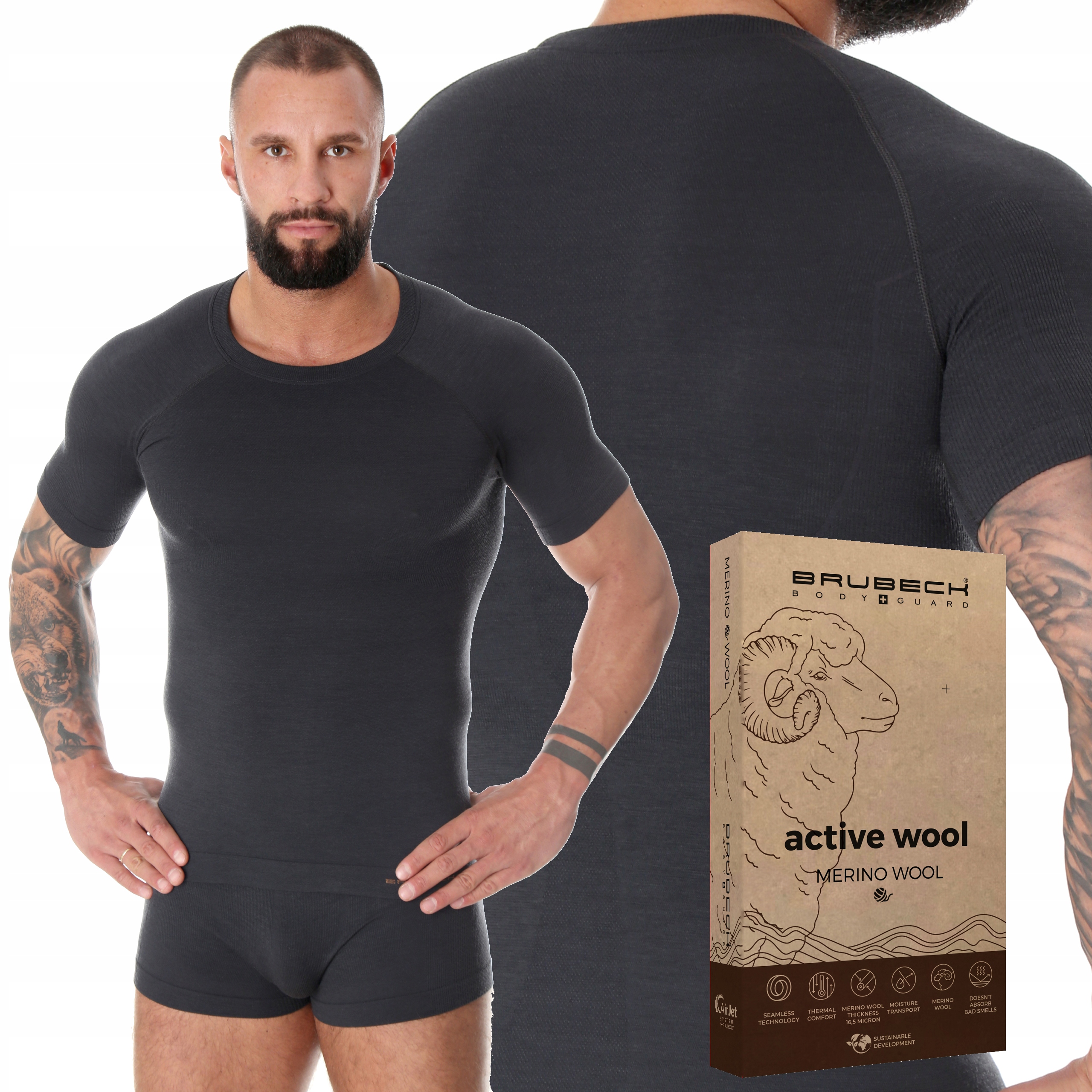 Brubeck Męska Podkoszulka T-shirt Z Termo Wool na górskie wyprawy -2XL