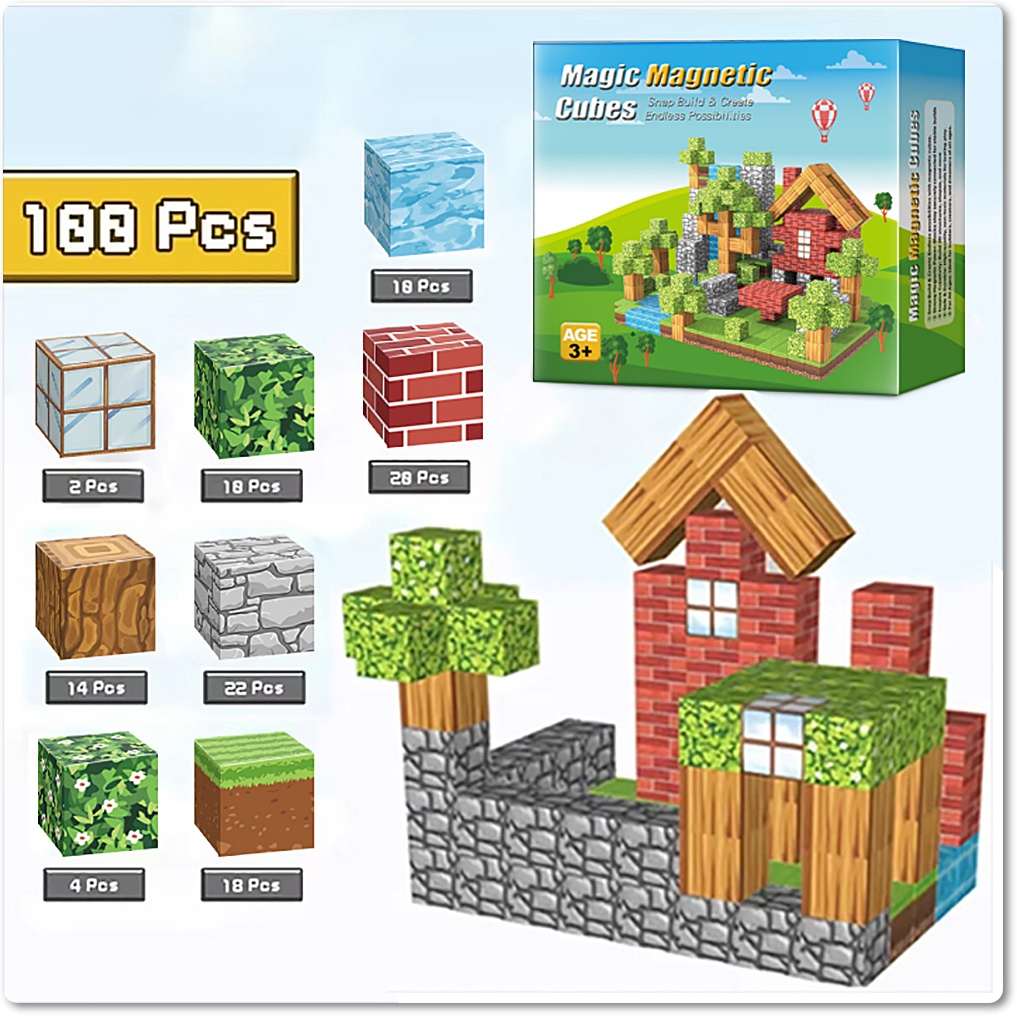 KLOCKI MAGNETYCZNE KOSTKI 3D KONSTRUKCYJNE Zestaw XXL ŚWIAT 100el + FIGURKI Wysokość produktu 15 cm