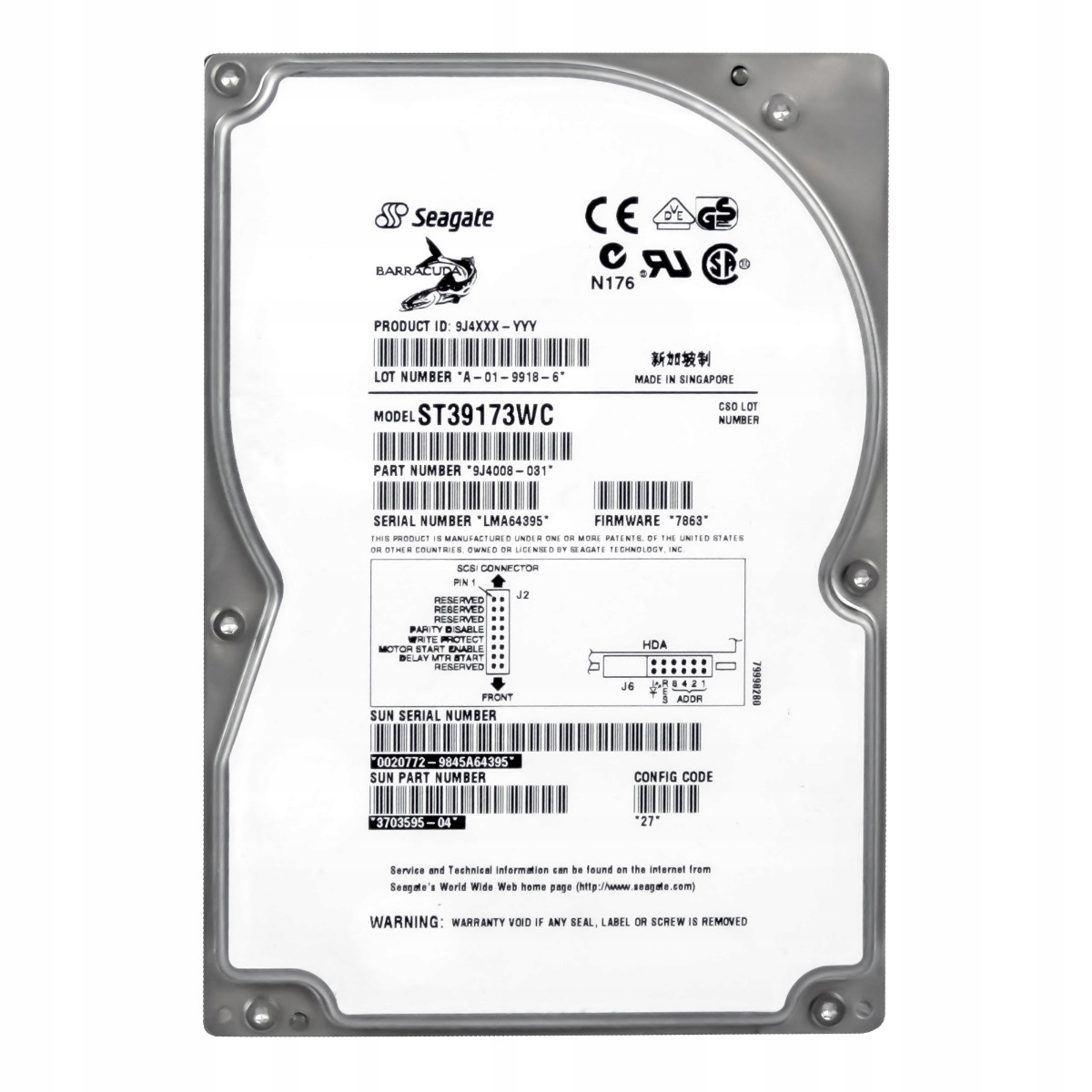 Sun 3703595-04 9.1 Gb 7.2K Scsi 80-PIN 3.5'' ST39173WC