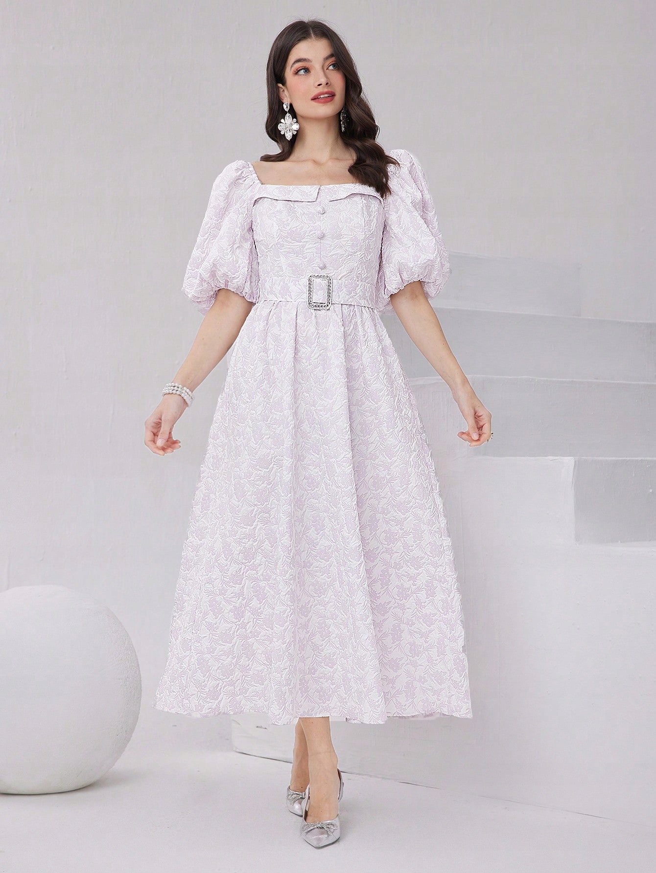 Šaty Maxi Žakárová S Květinami A Bufetovými Rukávy Shein XL 42