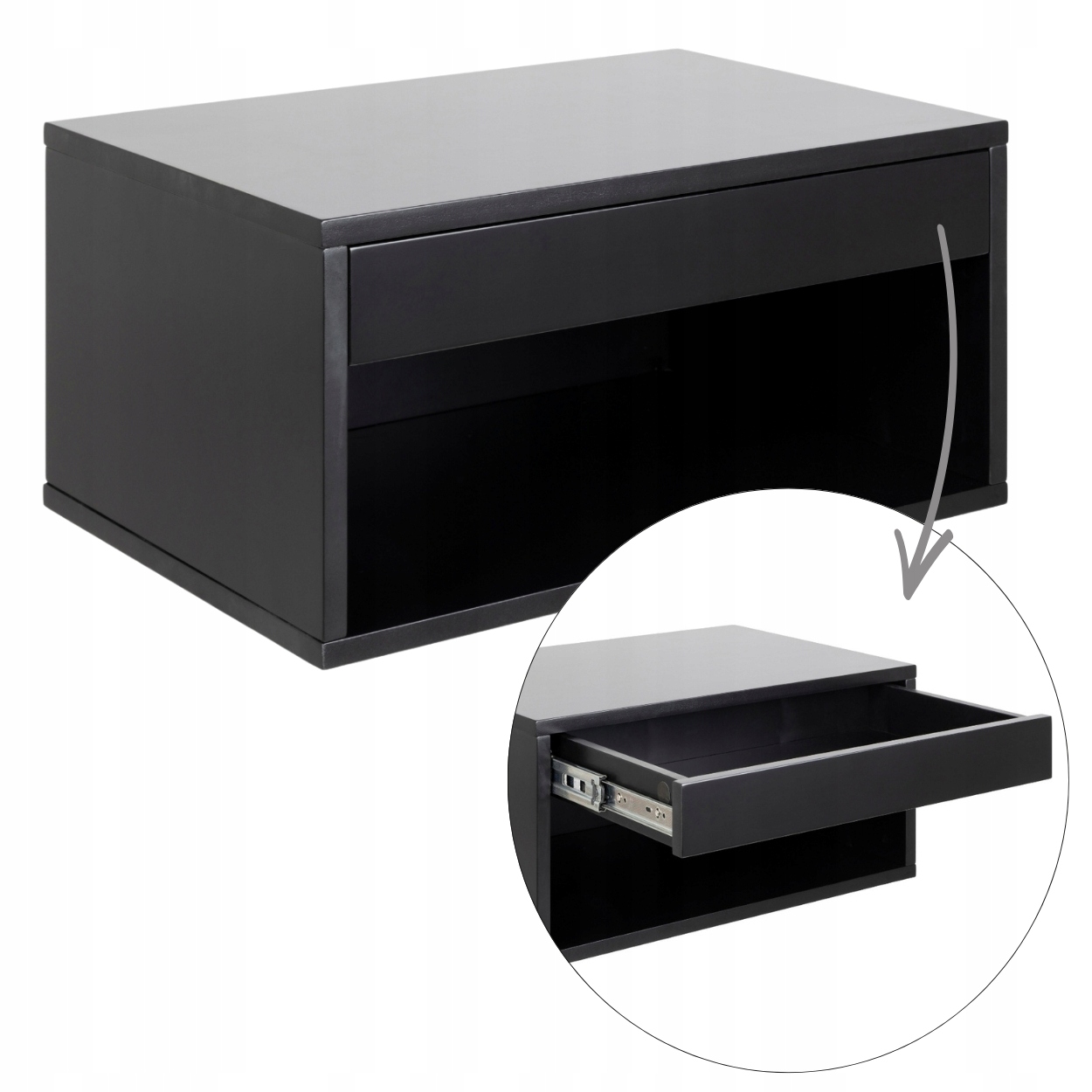 Nočná Skrinka Závesný Nástenný So Zásuvkou čierny nočný stolík do spálne