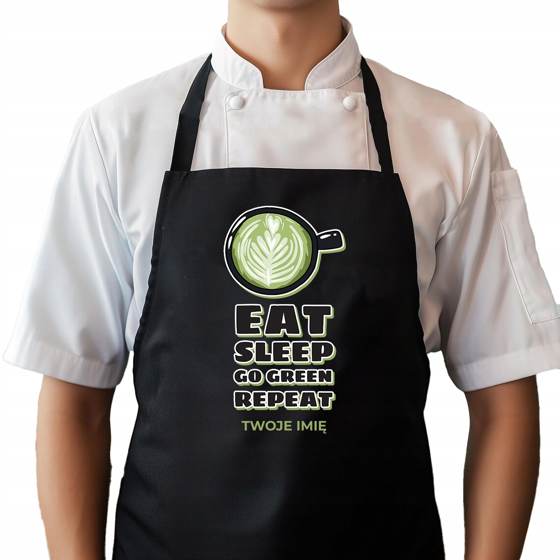 Kuchyňská zástěra Černá Profesionální zástěra Eat, Sleep, Go Green Matcha