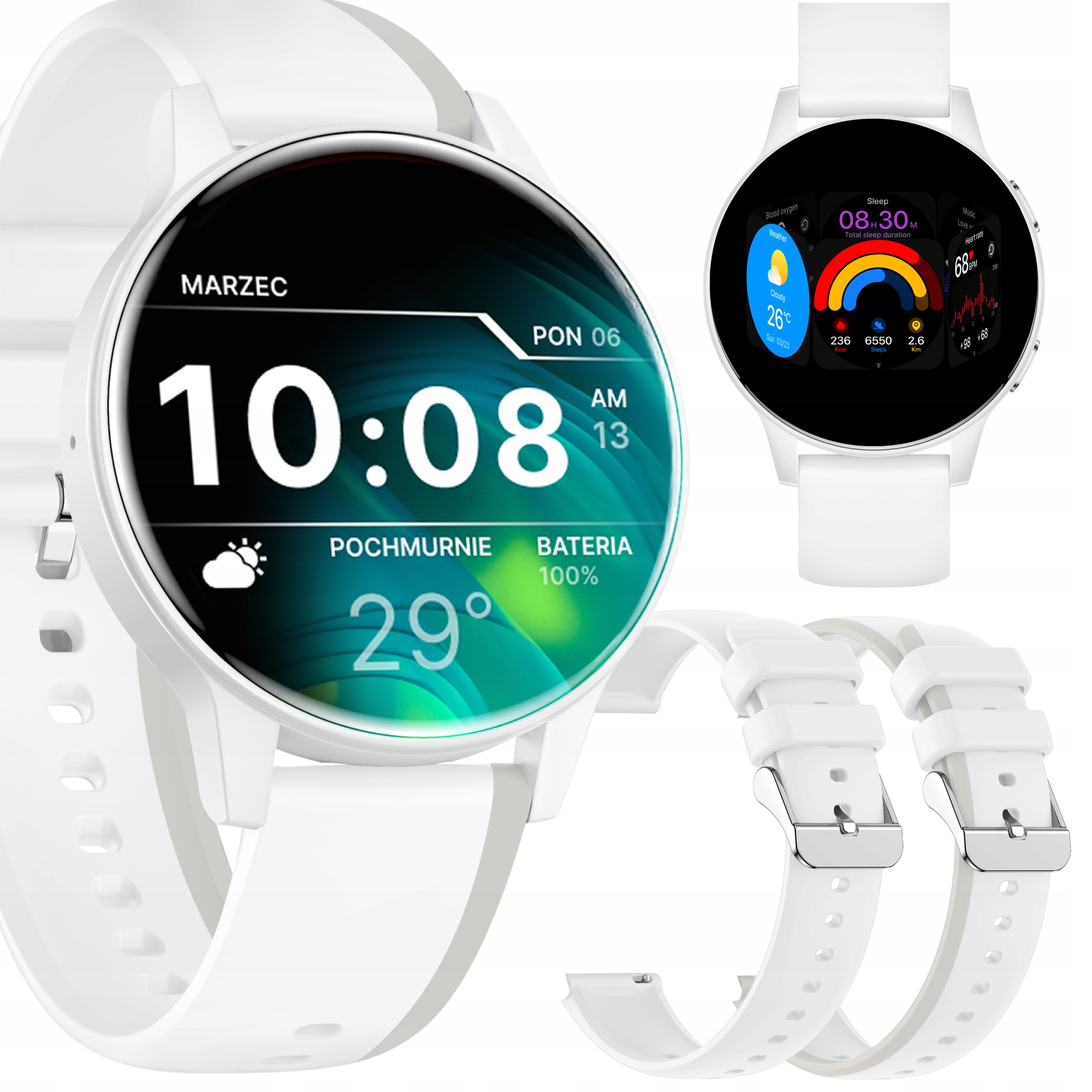 Smartwatch zegarek damski młodzieżowy okrągły biały lekki sen polskie menu