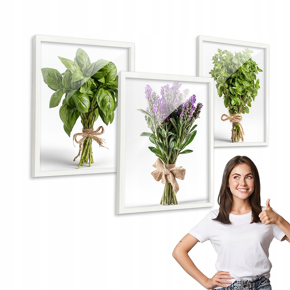 Sada 3 obrazů vzor Rostliny Bylinky s bílým rámečkem 50x70 triptych do kuchyně