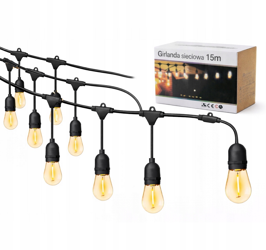 Venkovní síťová zahradní girlanda na zahradu, kabel 20 m, 20xE27 Led