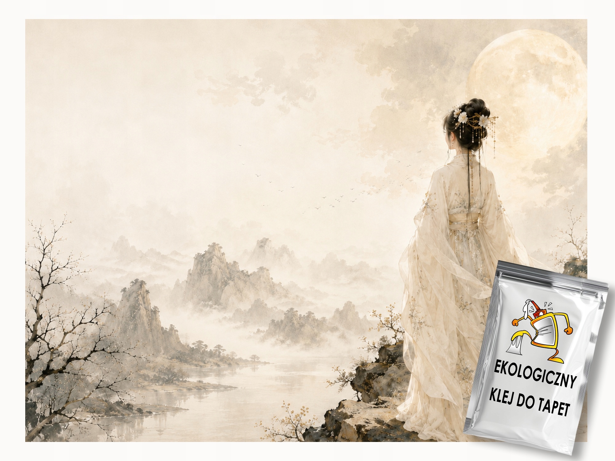 Fototapeta Flizelina Tusz Hory Měsíc Žena Hanfu Japandi 250x175 155g