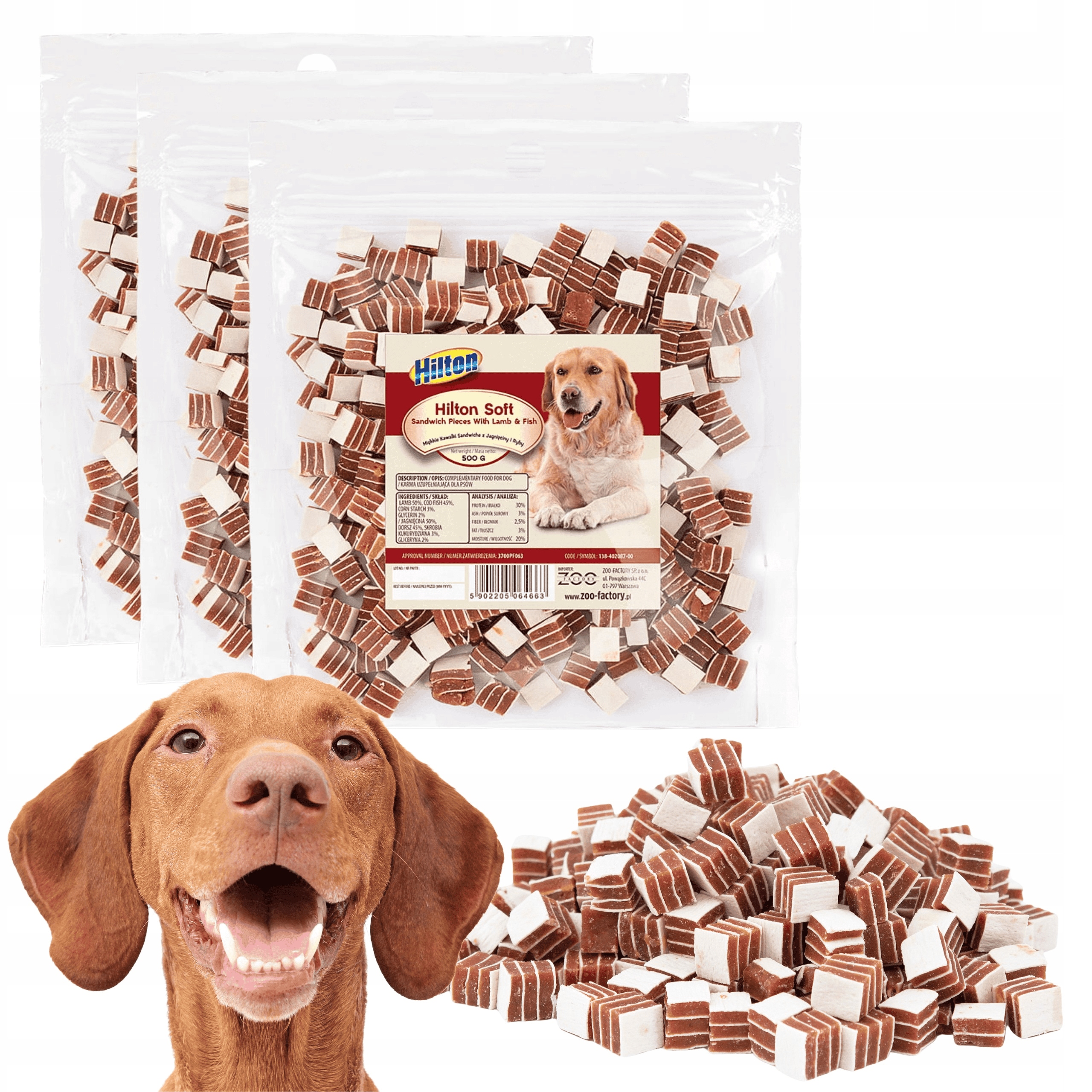 Levně Sendvičové pamlsky pro psy z jehněčího masa a ryb Hilton XXL sada 3x500 g
