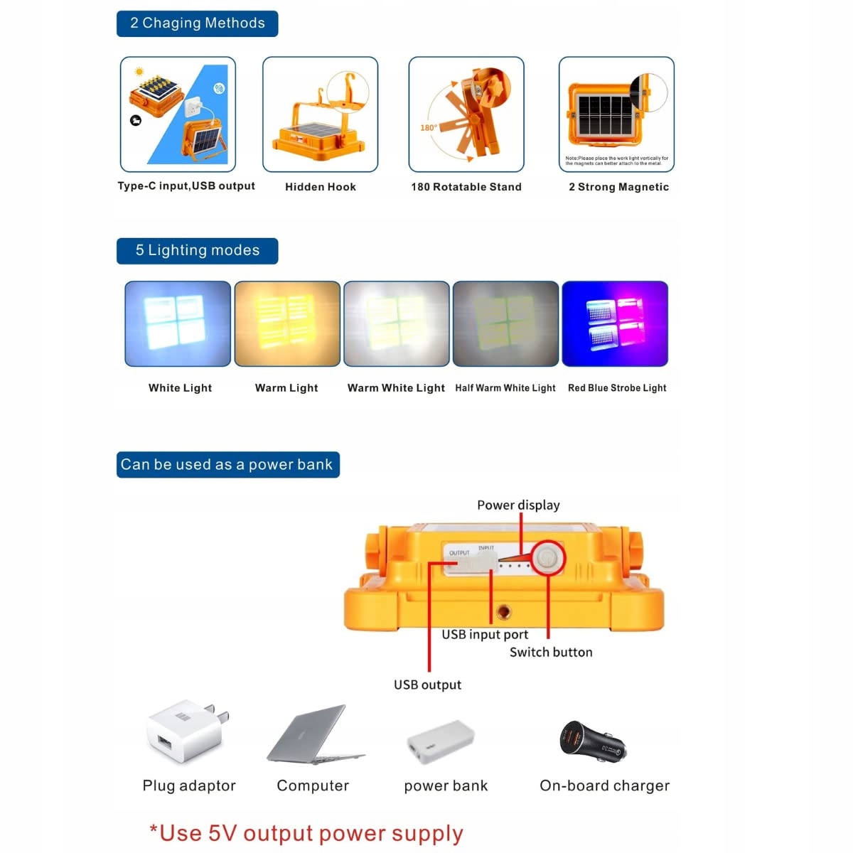 JANDEI Przenośny Reflektor LED Solarny 100W 336 LED Powerbank Camping — miniatura 5