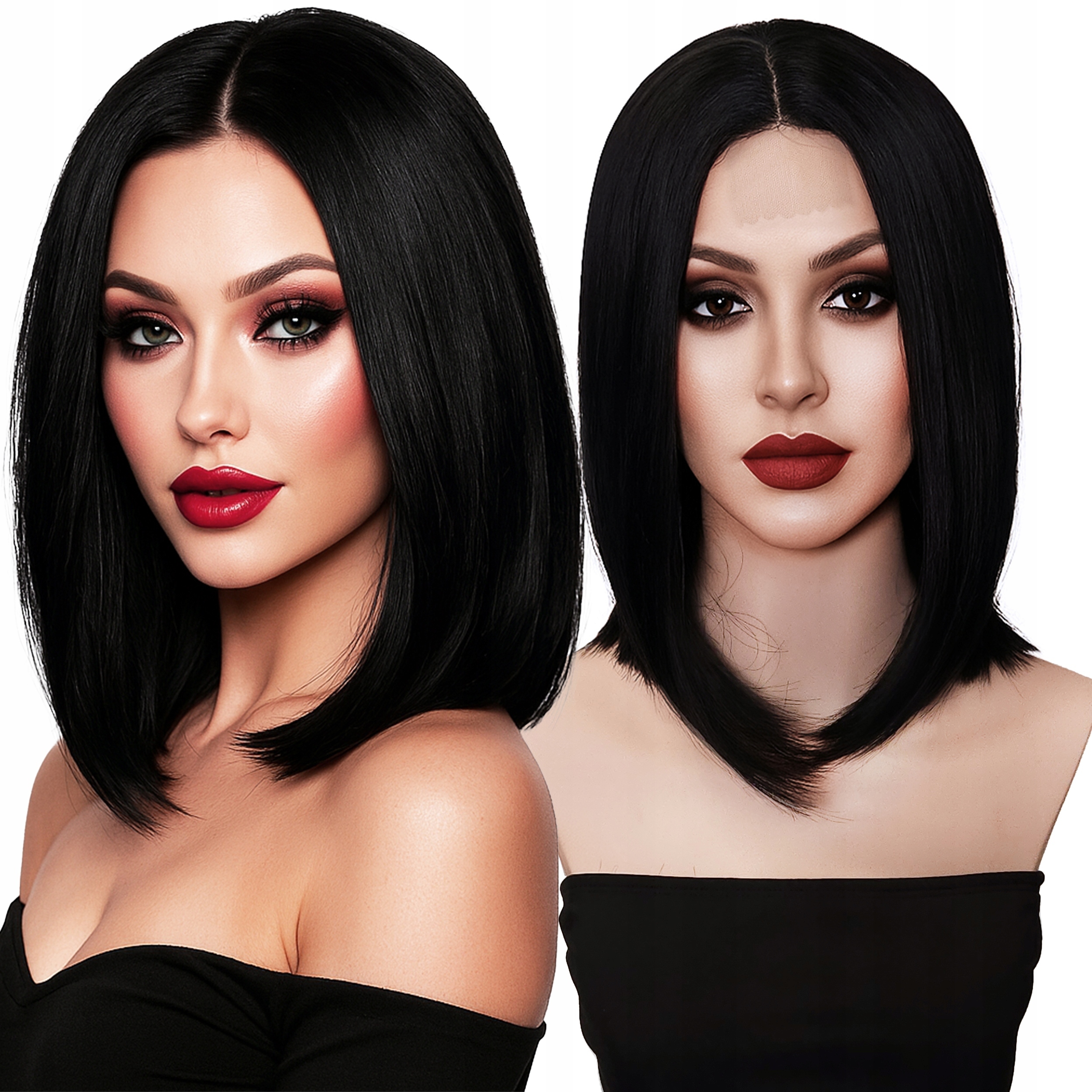 Peruka Syntetyczna Włosy Bob Czarny Gładki Krótka Fryzura 35cm #BOB-1B