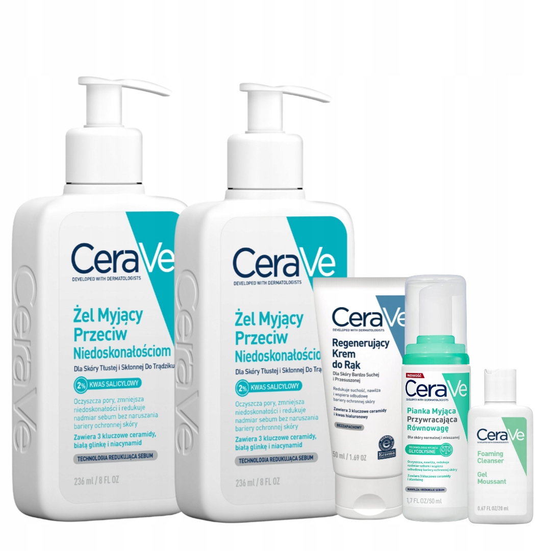 CeraVe Zestaw Żel Myjący Przeciw Niedoskonałościom 236ml x2, Krem do Rąk
