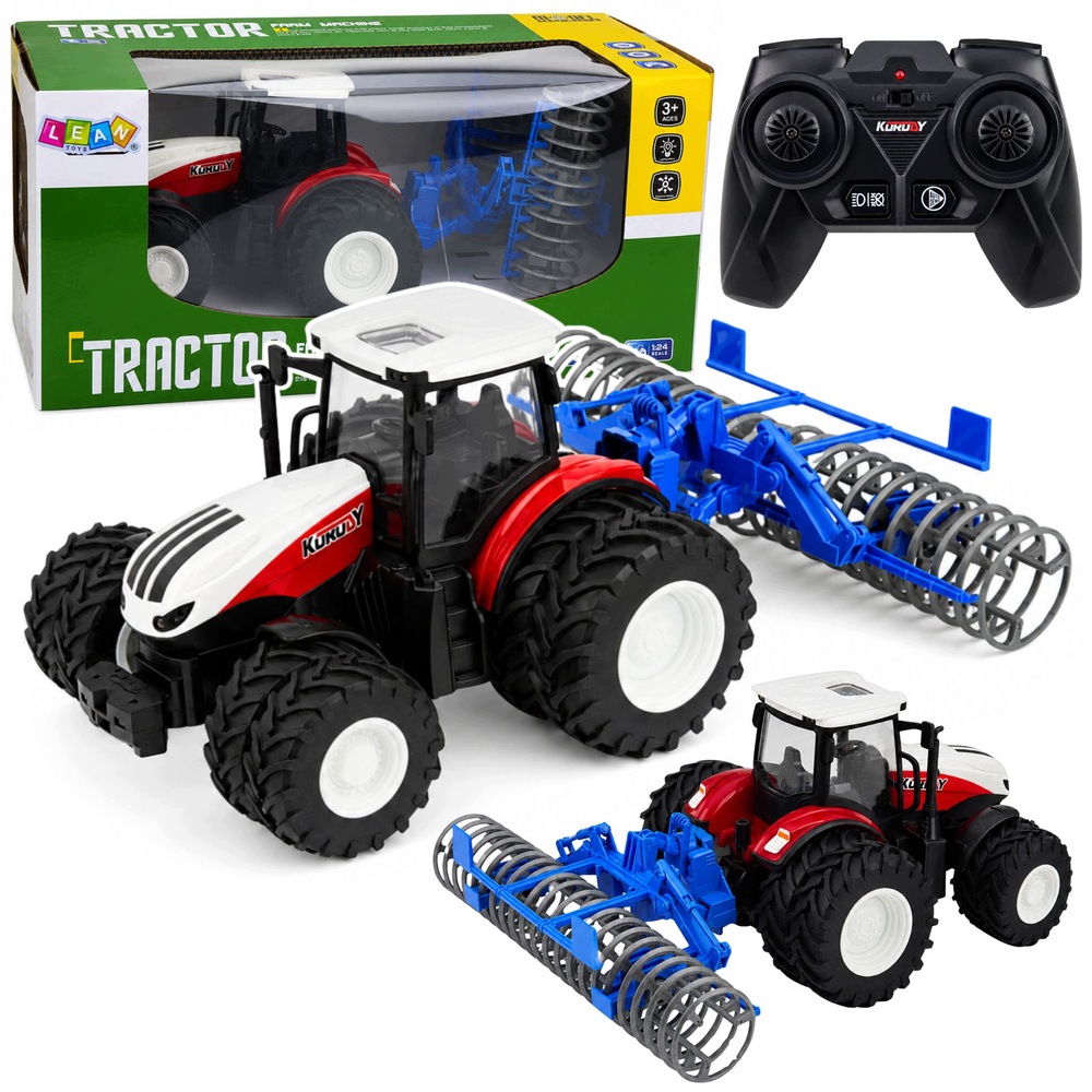 Traktor s zemědělským válcem Dálkově ovládaný Rc světla Červený 1:24