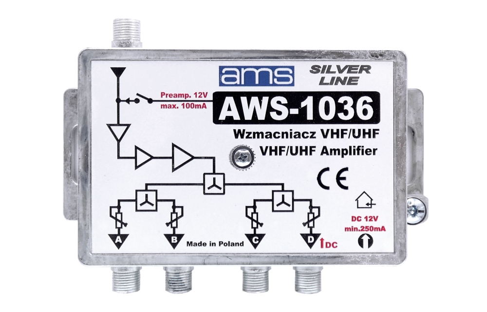 Wzmacniacz antenowy DVB-T2 AWS-1036 do 10 TV AMS EAN (GTIN) 5902887012907
