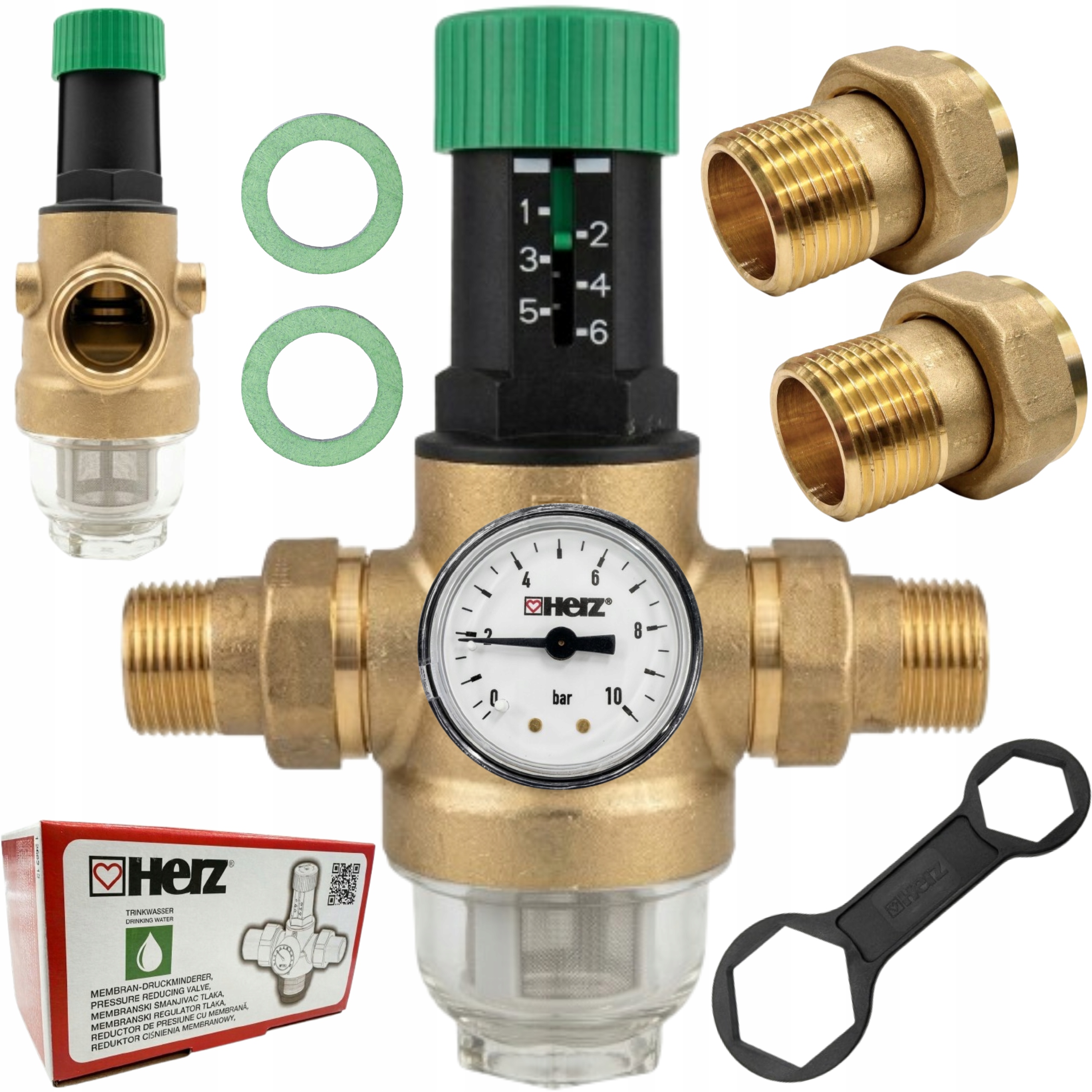 Reduktor Ciśnienia Wody Mosiężny 5/4" DN32 Z Filtrem I Manometrem Herz