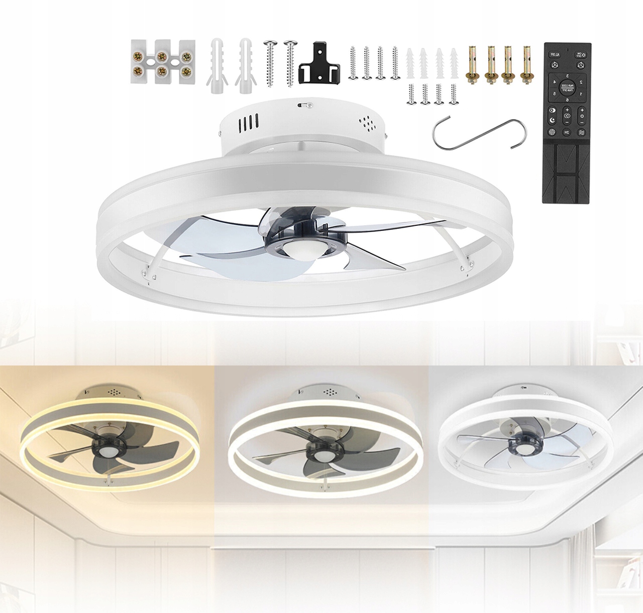 Lustr Stropní Ventilátor Lampa Ring 50CM Stropní Svítidlo Větrák Bílý