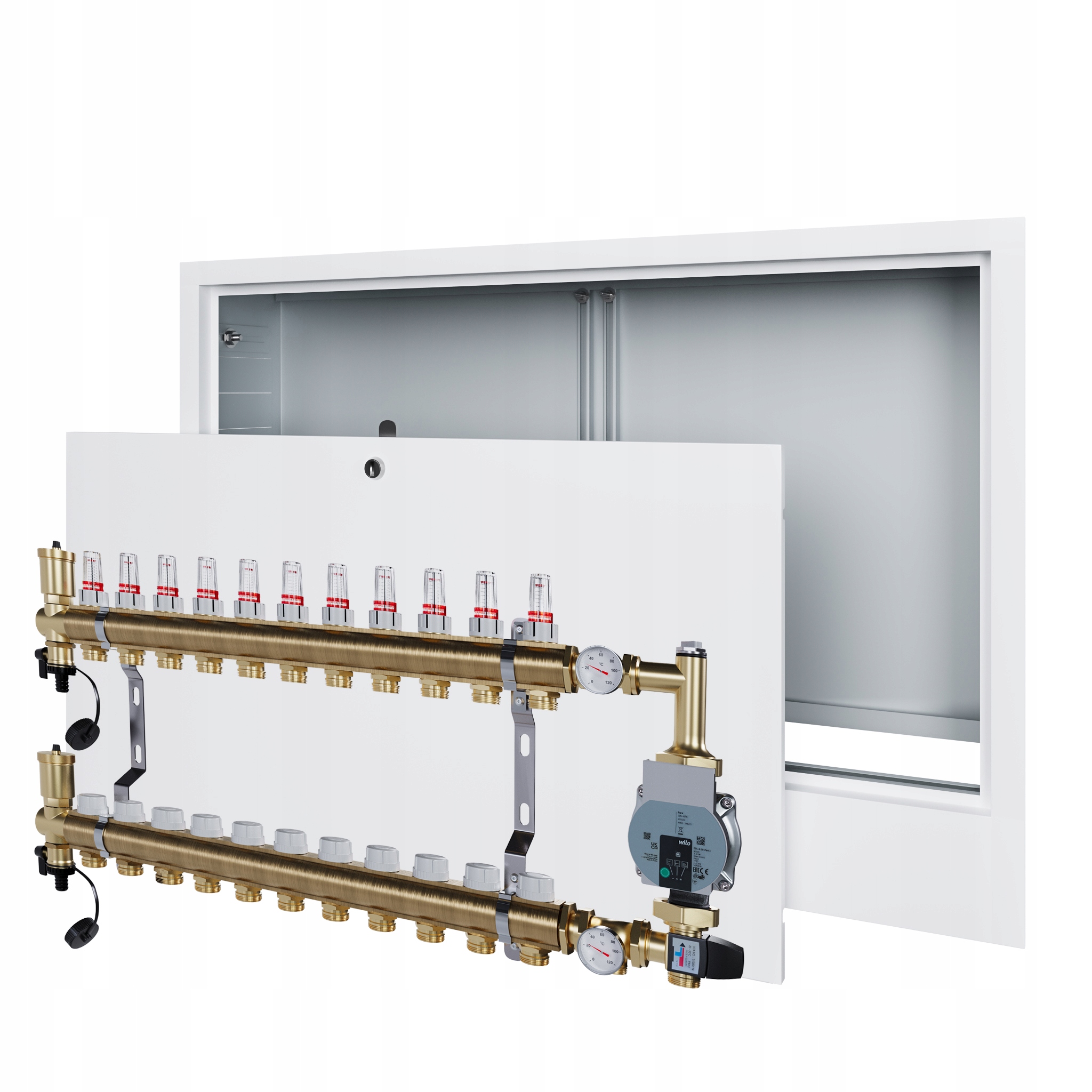 Rozdělovač pro podlahovku 11 s čerpací skupinou Wilo a podomítkovou schránkou