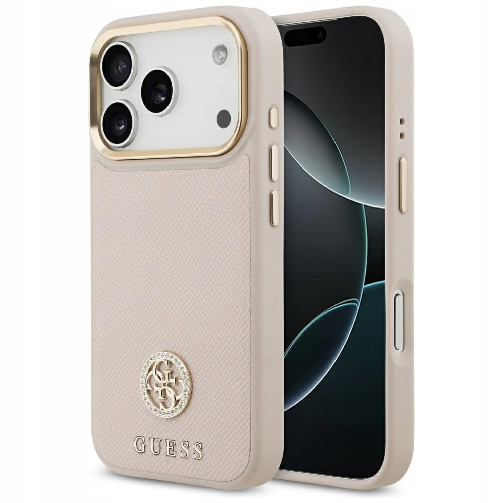 Pouzdro Guess Grained Strass Logo MagSafe pro iPhone 17 Pro, růžové