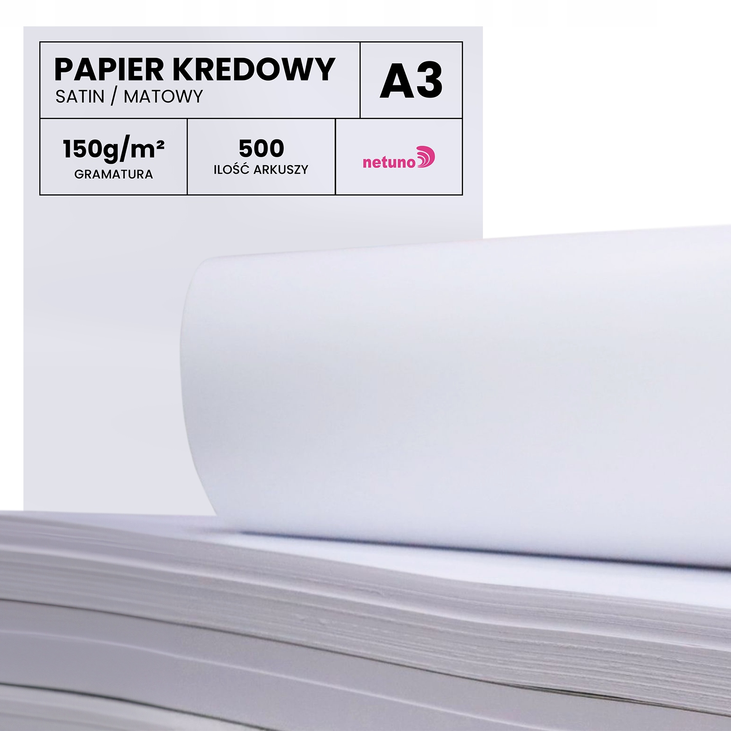 Papier kredowy A3 150g kreda satin matowy biały na plakaty ulotki 500 ark.