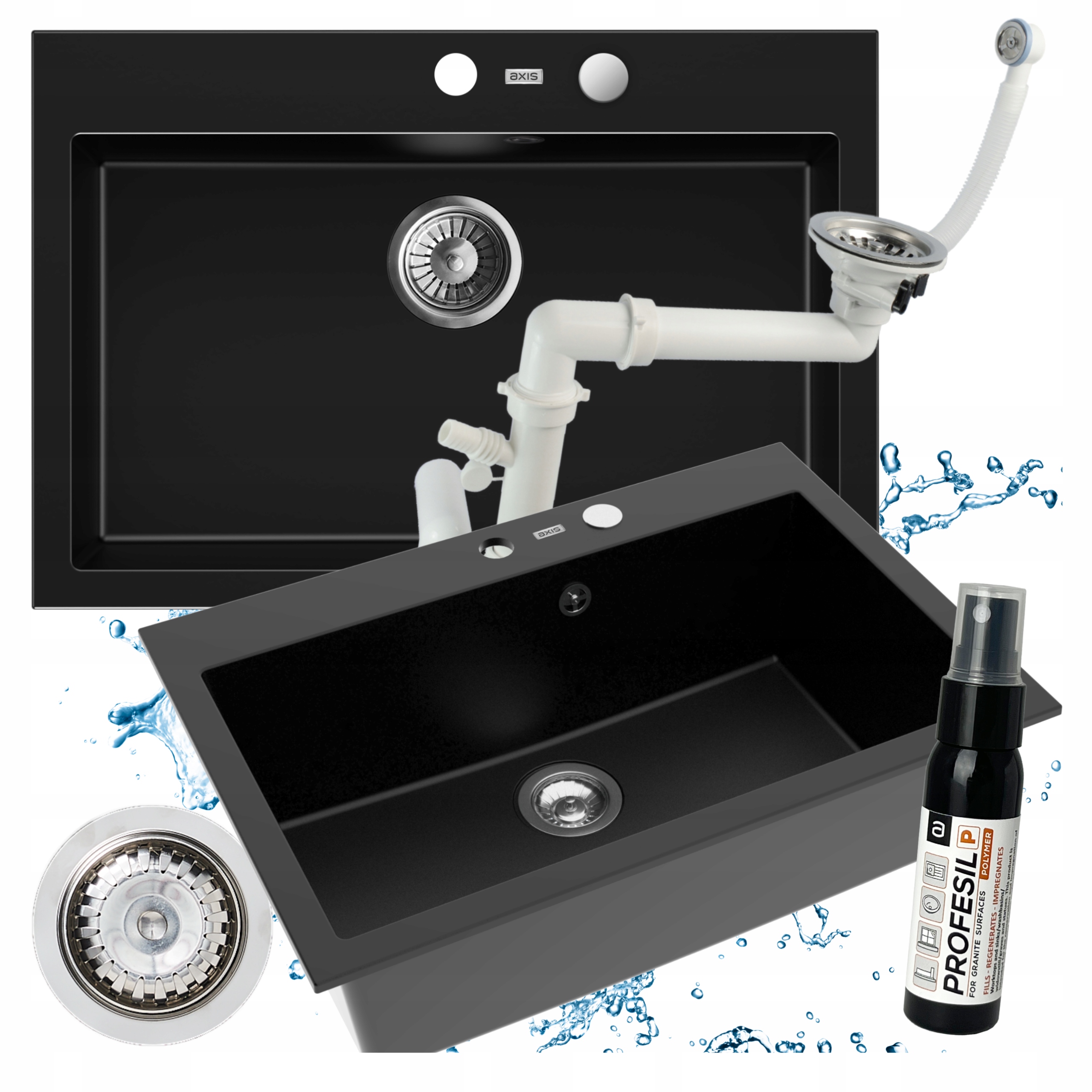 Granitový Dřez 73x50 Černý Jednokomorový Velký V Sadě Se Sifonem