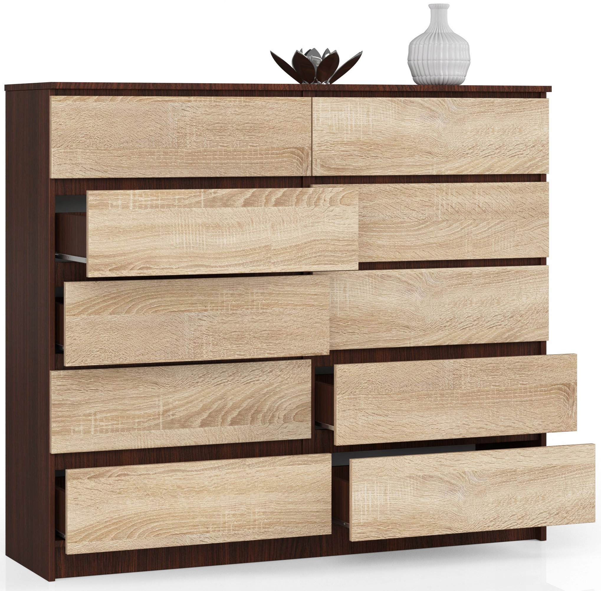 Komoda duża 140 cm 10 szuflad salon szafka wysoka pojemna Wenge Dąb Sonoma Stan opakowania oryginalne