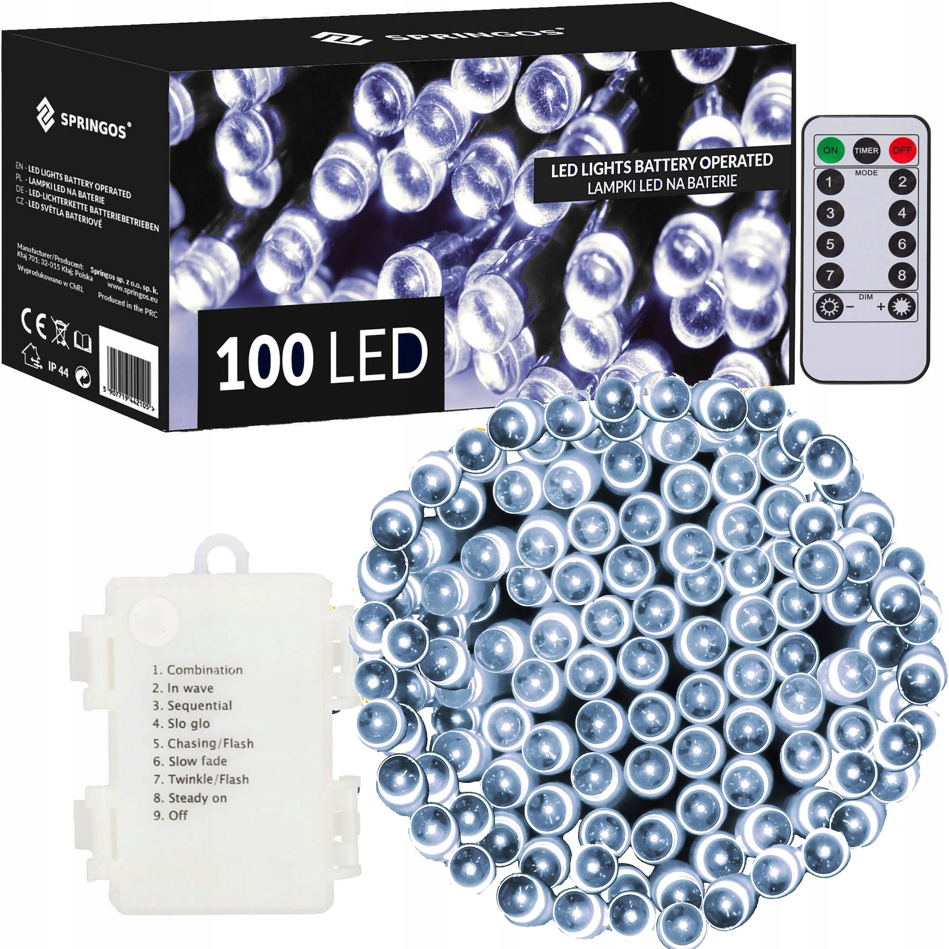 Vánoční Osvětlení Na Stromeček 100 Led 10 m Venkovní Pilot Časovač IP44 Na Baterie Bílé