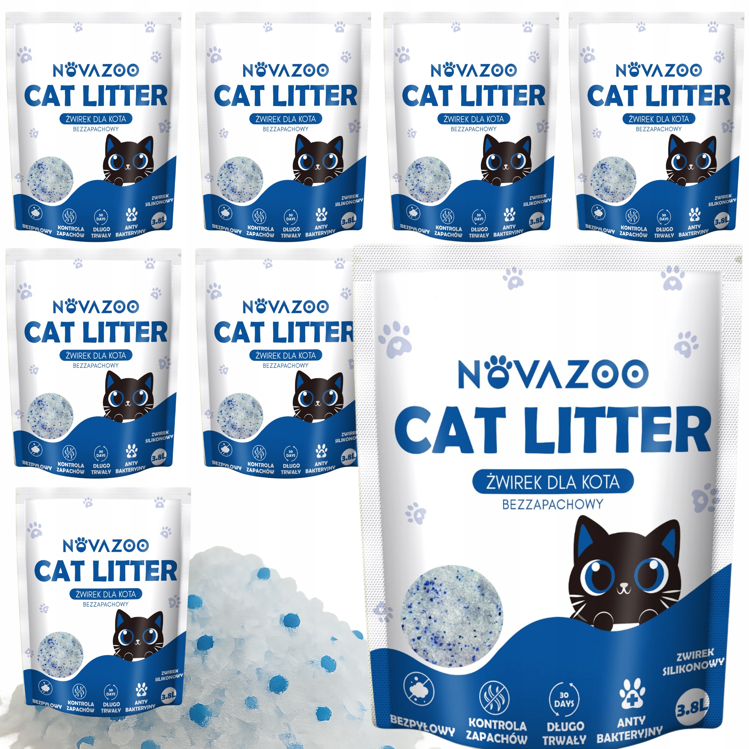 Levně 8 x Sada Silikonové Stelivo Přírodní Bezprašný Premium Pro Kočky Novazoo