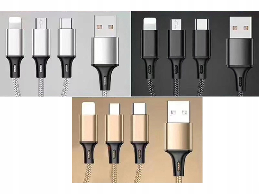 kabel 3w1 USB - Lightning + USB-C + microUSB 1,0 m 2,1A nylonowy Złącza USB - USB typ C / microUSB / Lightning