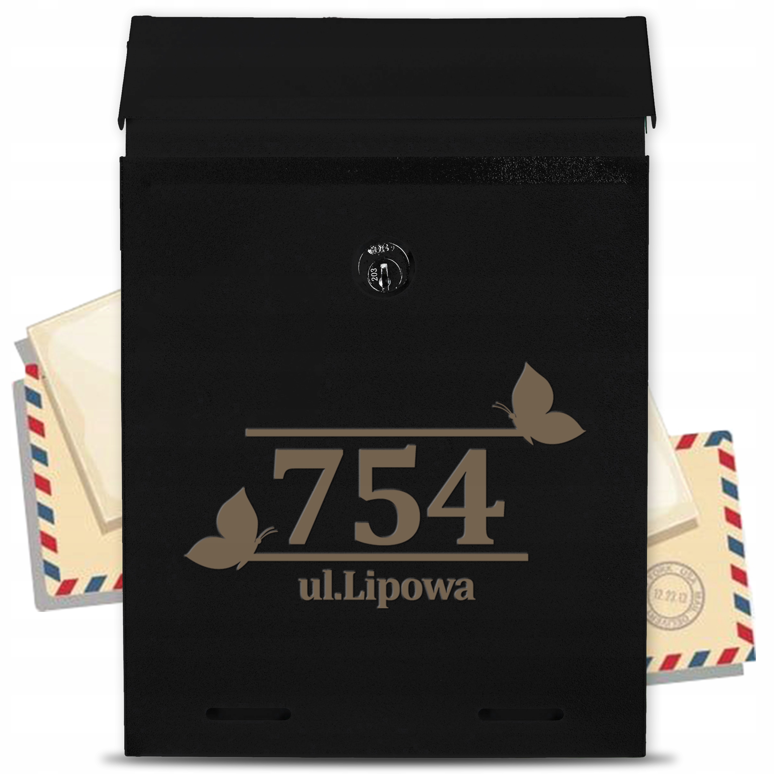 Černá poštovní schránka s adresní trubkou a nádherným gravírovaným vzorem