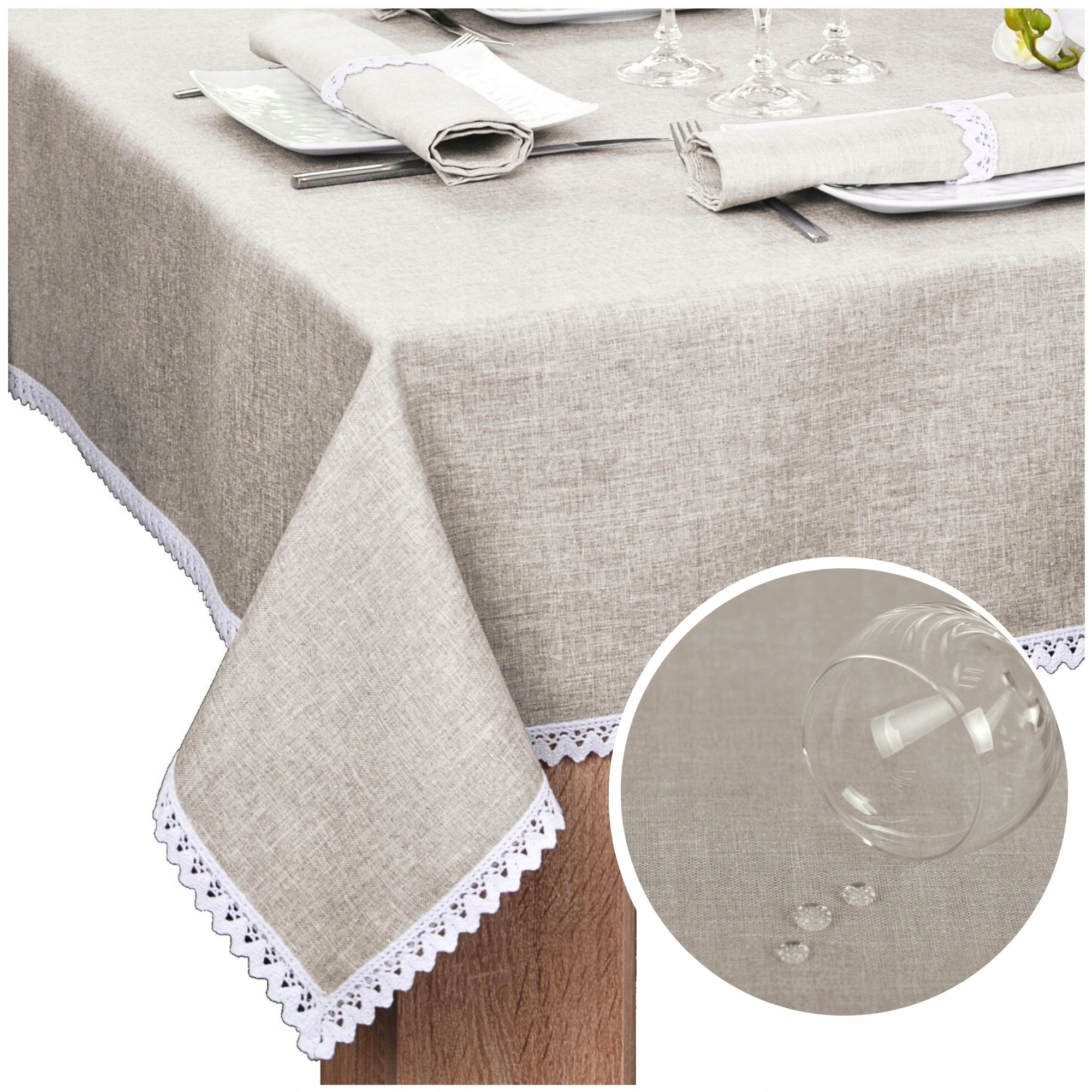 Obrus Na Stół z Koronką Malaga 280x140 Obrus Beż Plamoodporny
