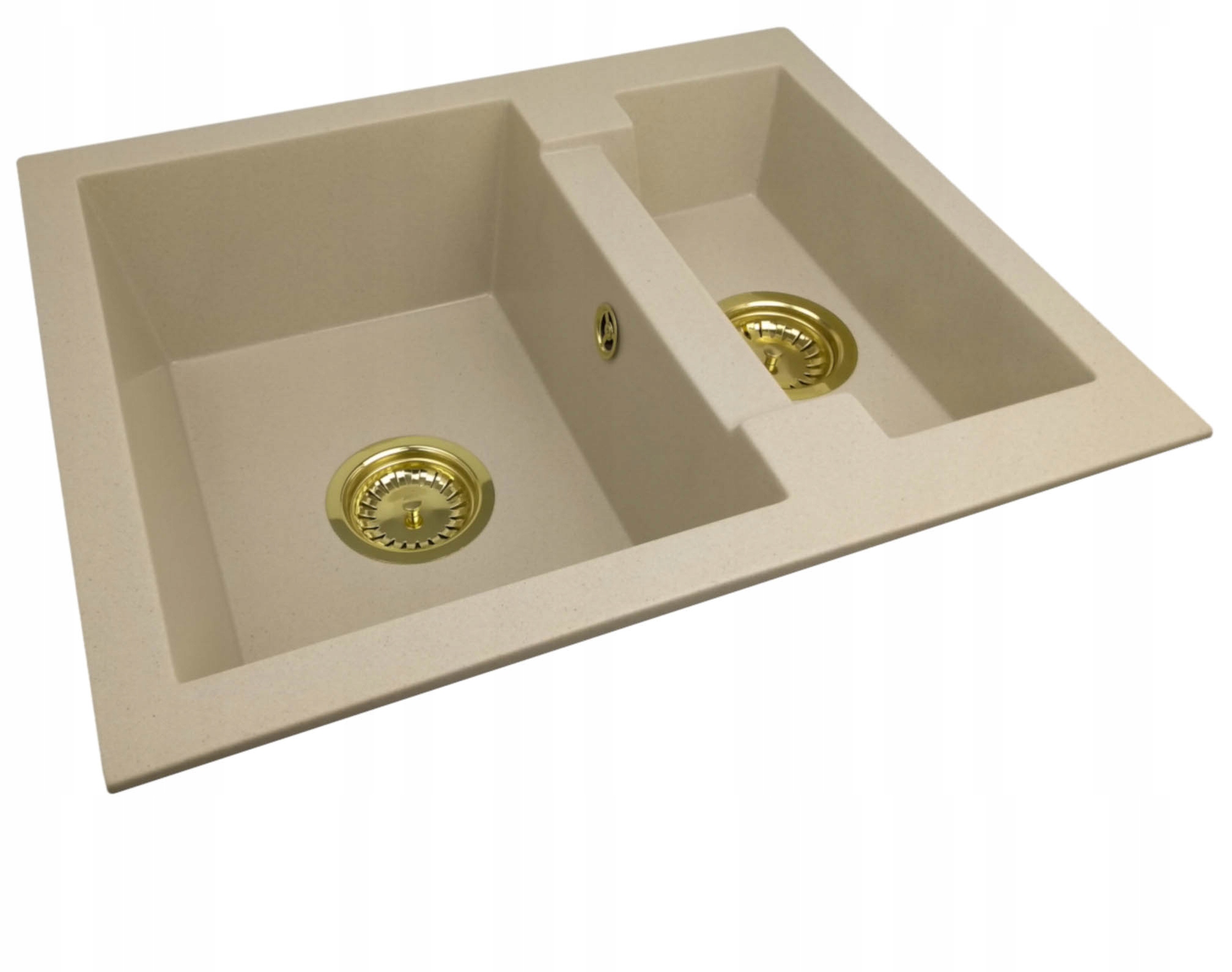 Zlew Kuchenny Półtorakomorowy Granitowy Zlew 1,5 Komory Beż Złoty Syfon