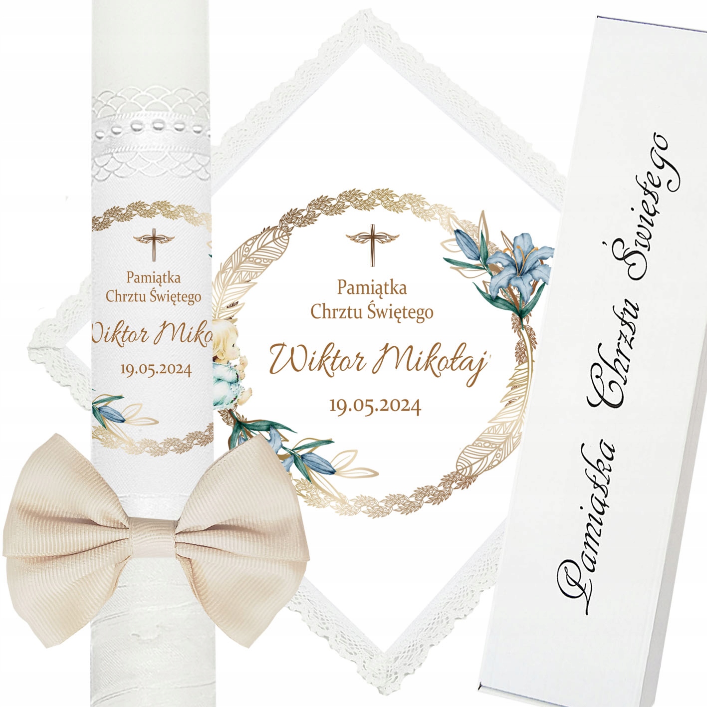 ŚWIECA NA CHRZEST SZATKA DO CHRZTU IMIĘ