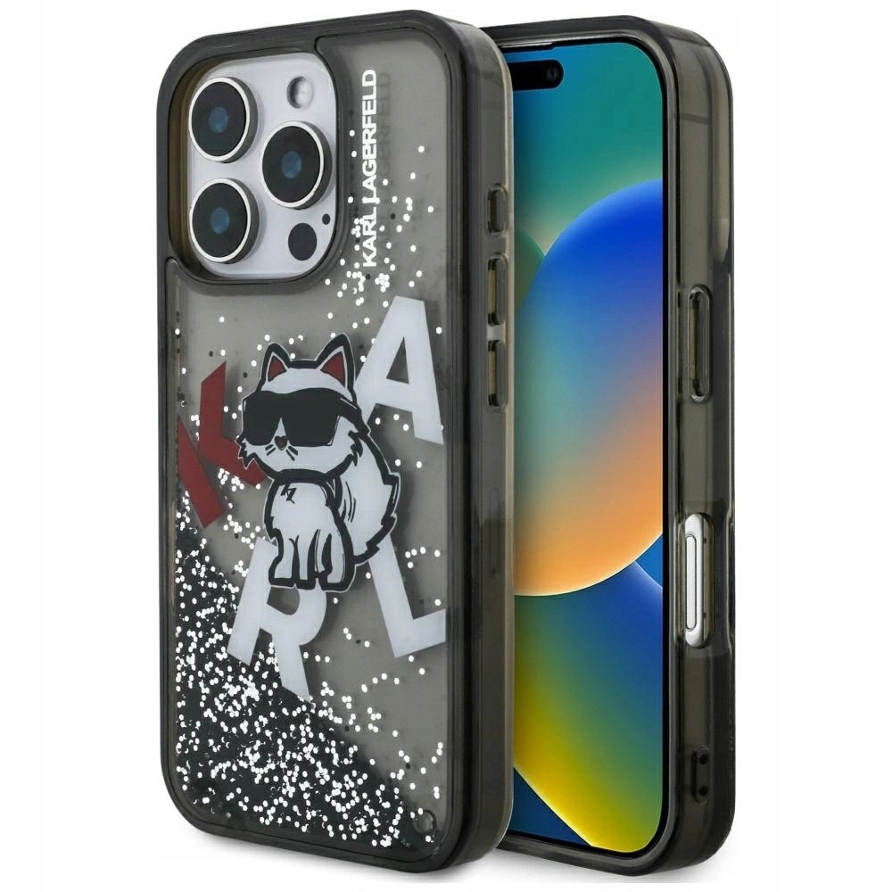 Pouzdro Karl Lagerfeld Liquid Glitter Choupette iPhone 16 Pro Max černé