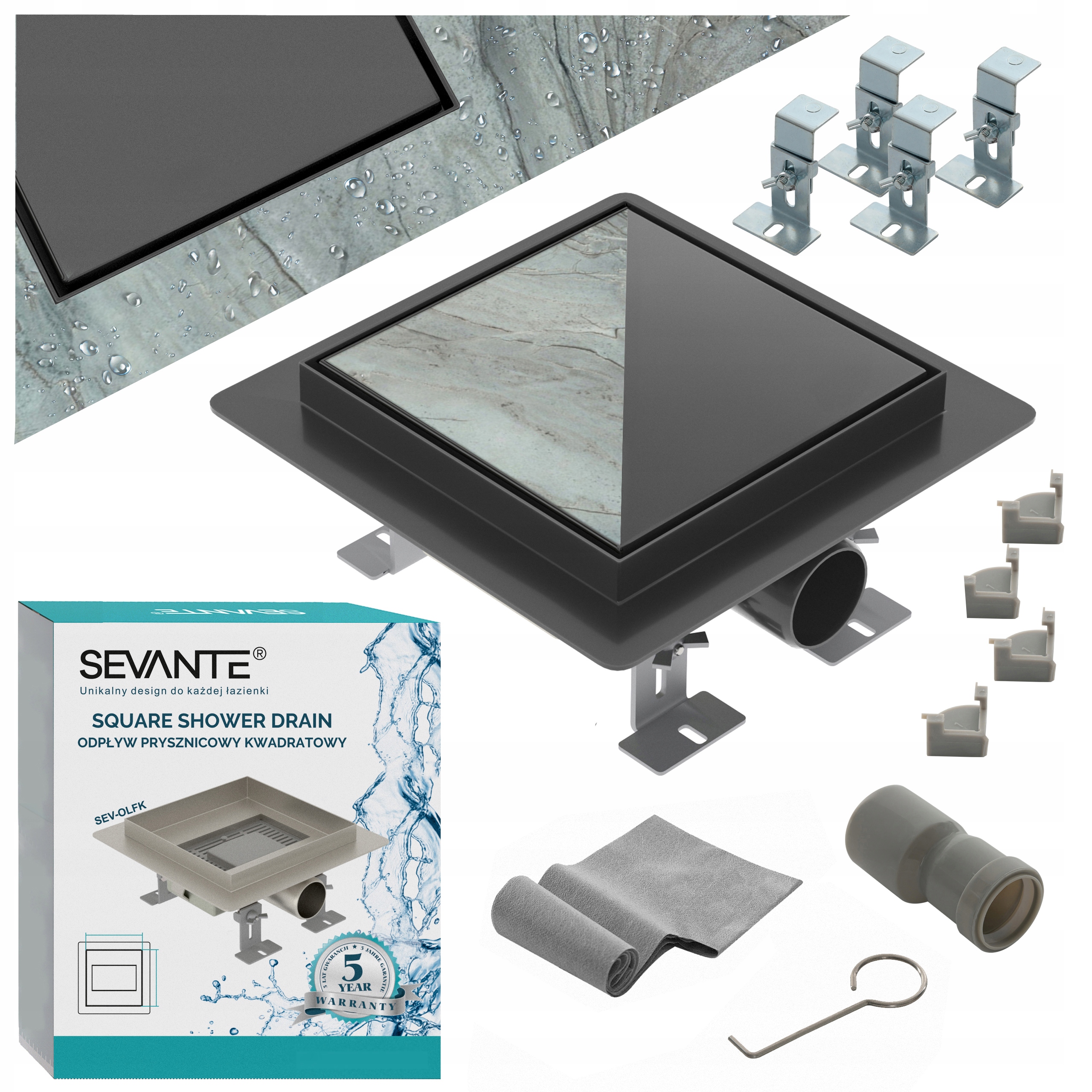 Podlahový odtok 2v1 čtvercový 12x12 cm Flat černý nerezová ocel Sevante