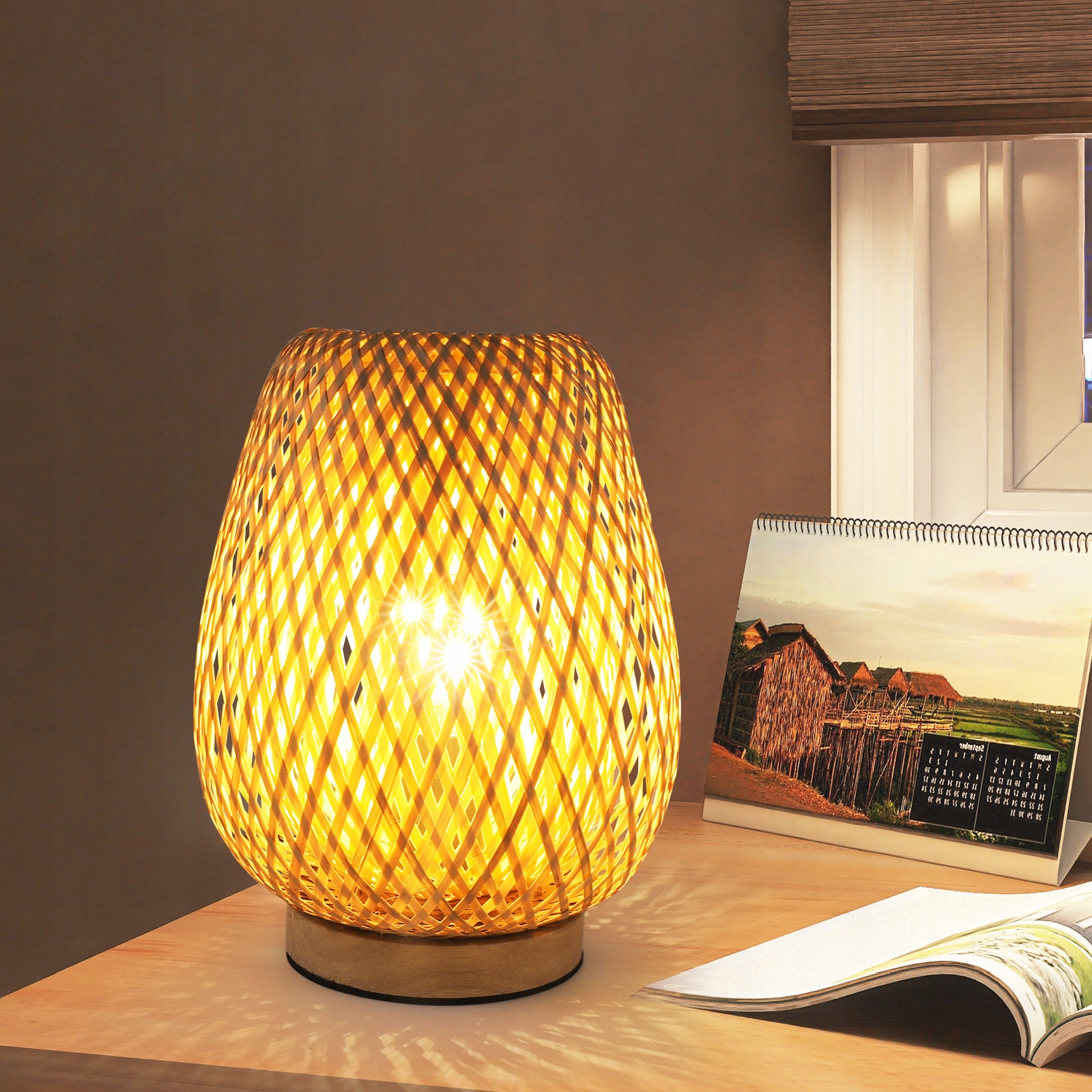 Noční lampa Bambusová Stolní lampa Boho Skandinávská E27 Dřevěná Retro